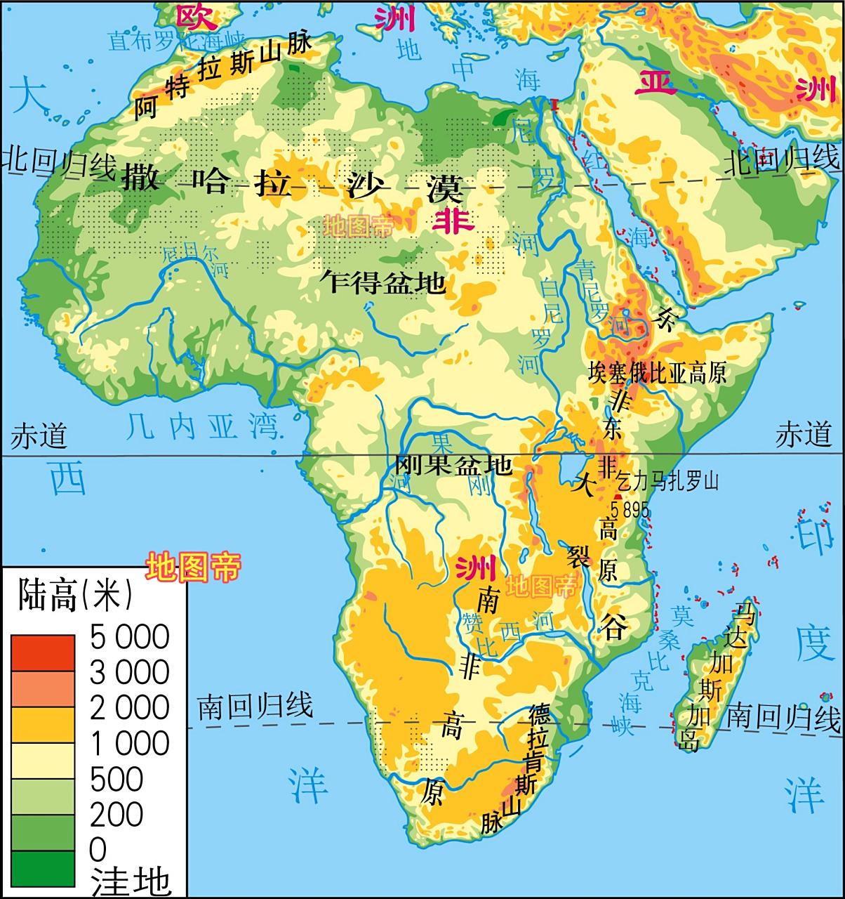 非洲全称阿非利加洲,整体造型像个冰淇淋,面积约3022