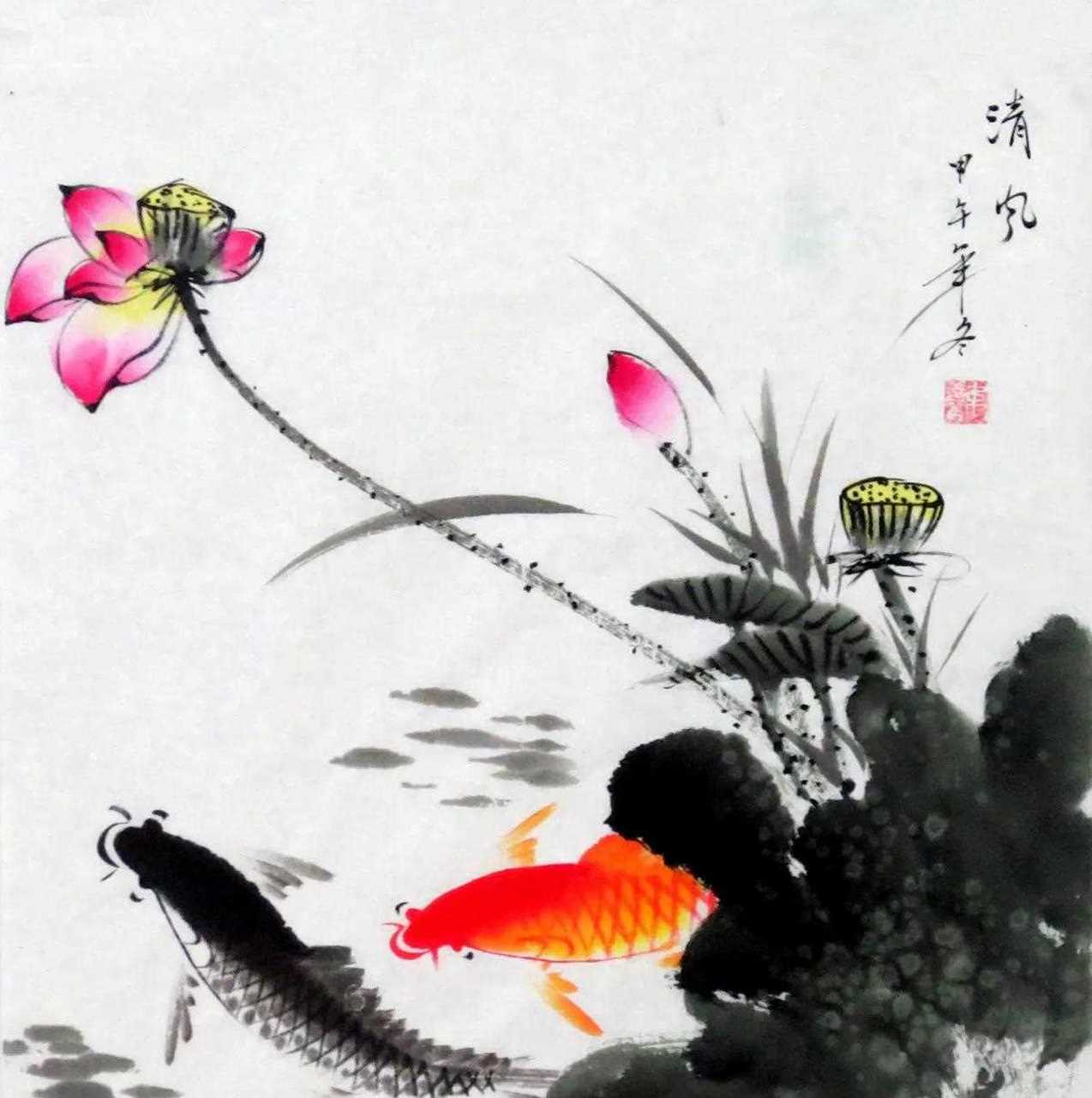 国画水墨荷花鱼