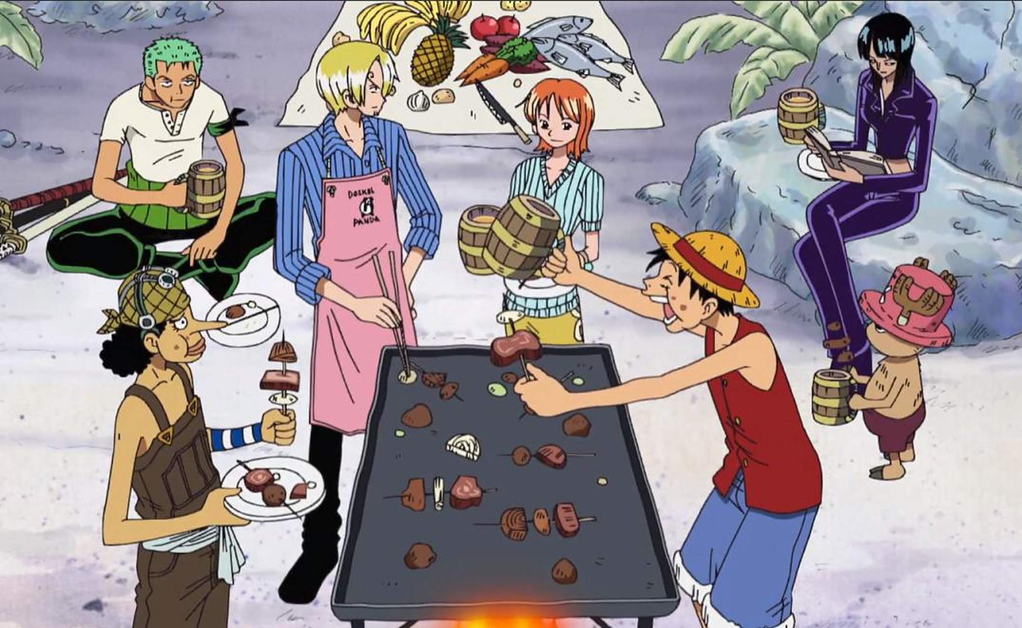 草帽一伙的聚餐,永远那么开心,路飞要肉,索隆要酒,其他人随便,山治:我