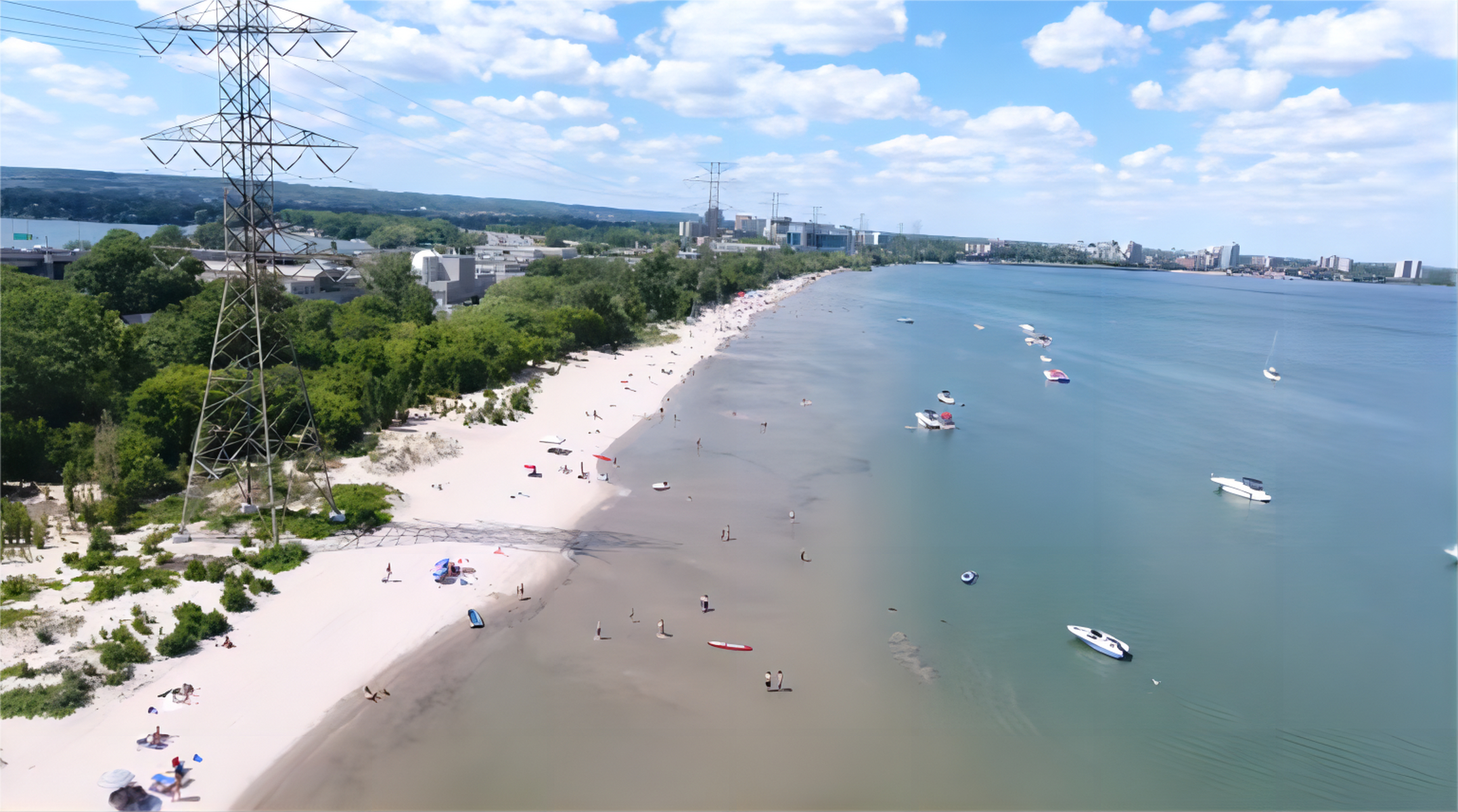 加拿大安大略省的伯灵顿海滩,高压电穿越而过.