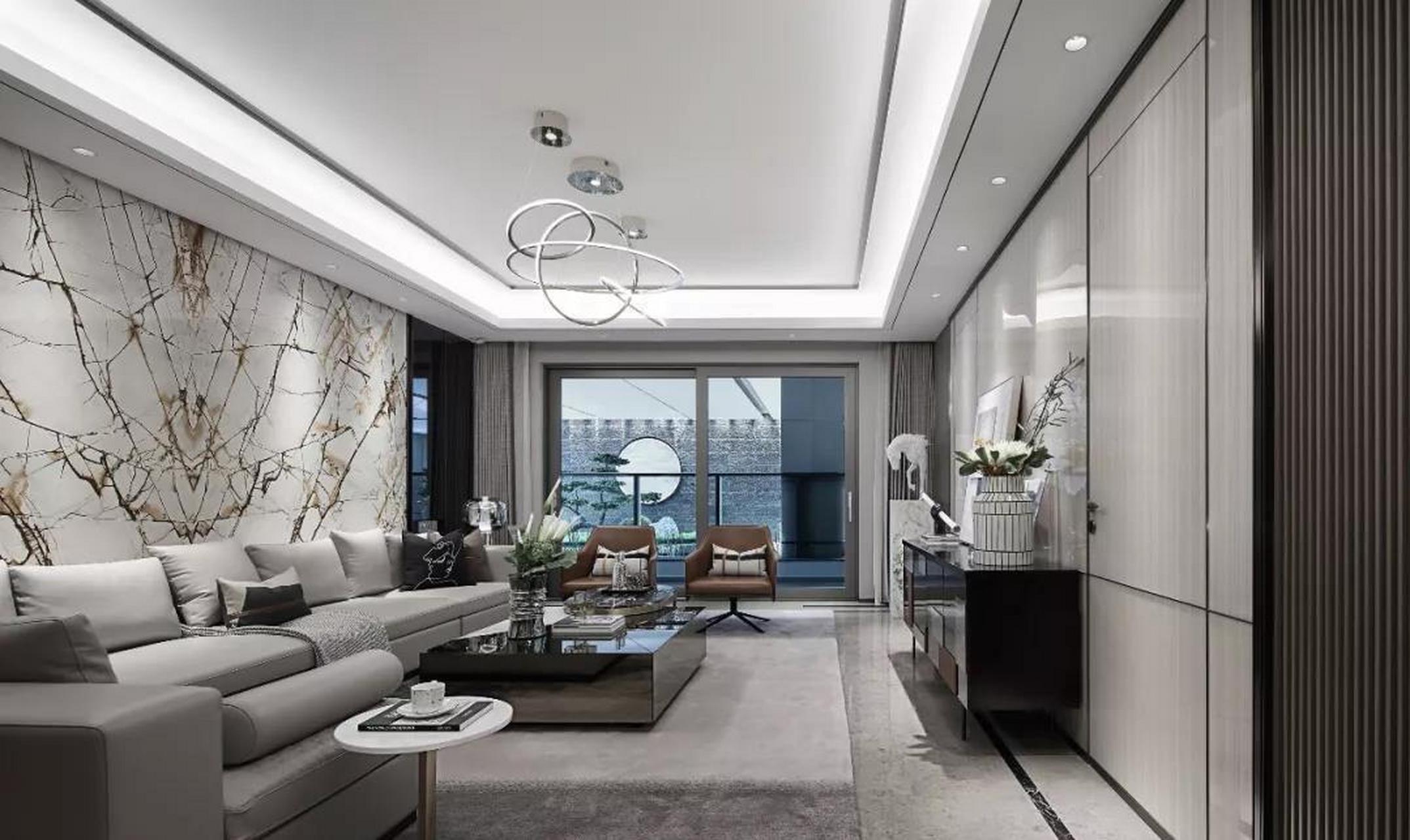 大平层设计:现代轻奢风沙发背景墙的大理石真的很大气 [微风][微风]