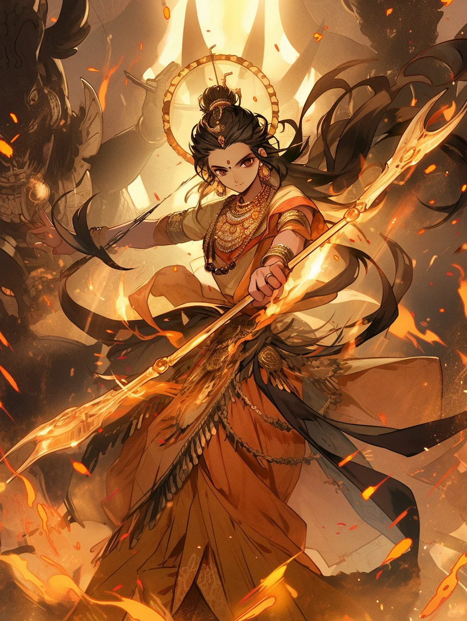 哪吒 以火焰重塑身躯 浴火重生 手拿红缨枪 脚踩风火轮 让火焰焚尽