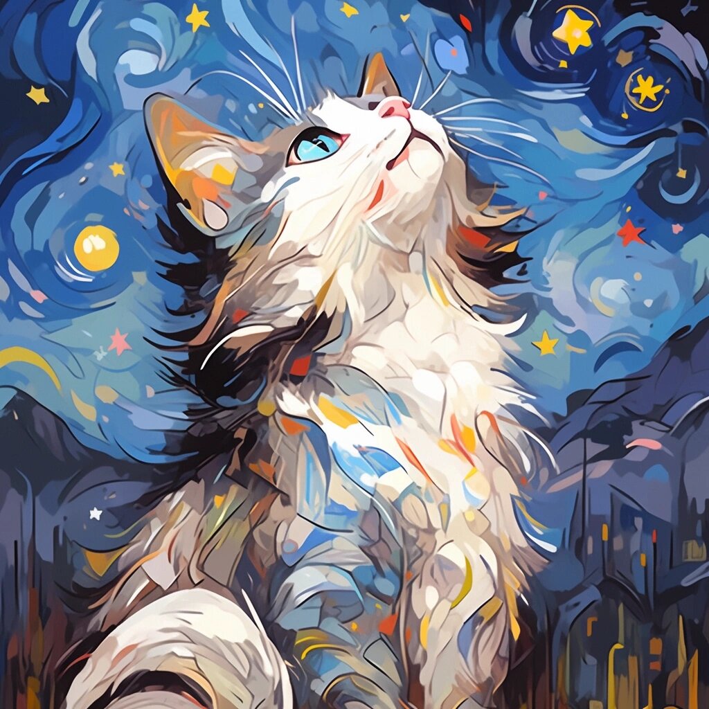 梵高星月夜下的布偶猫/猫猫头像  布偶猫被描绘成一只非常可爱