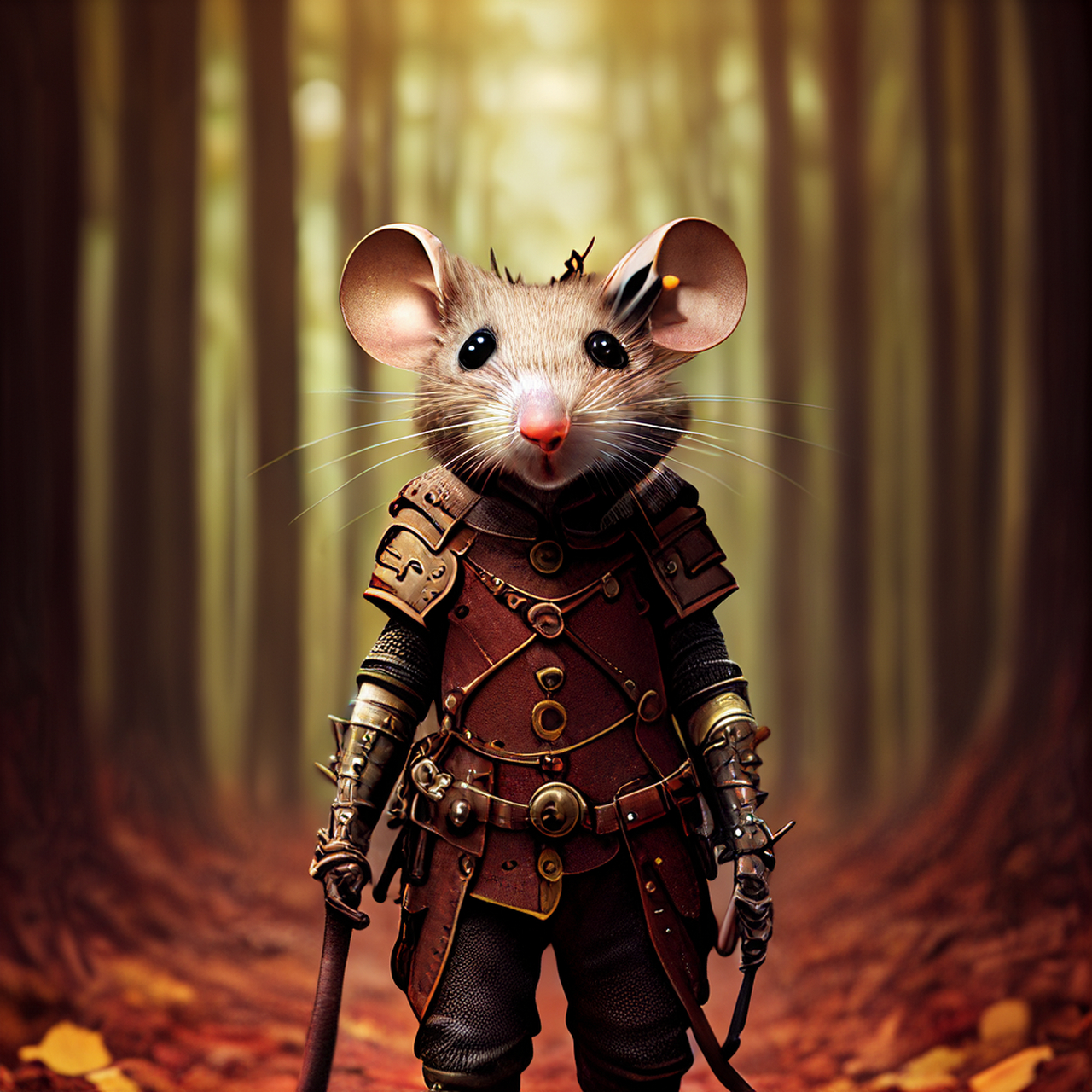 百度ai绘图黑科技#老鼠冒险家穿着盔甲和生存装备在黑暗的森林落叶