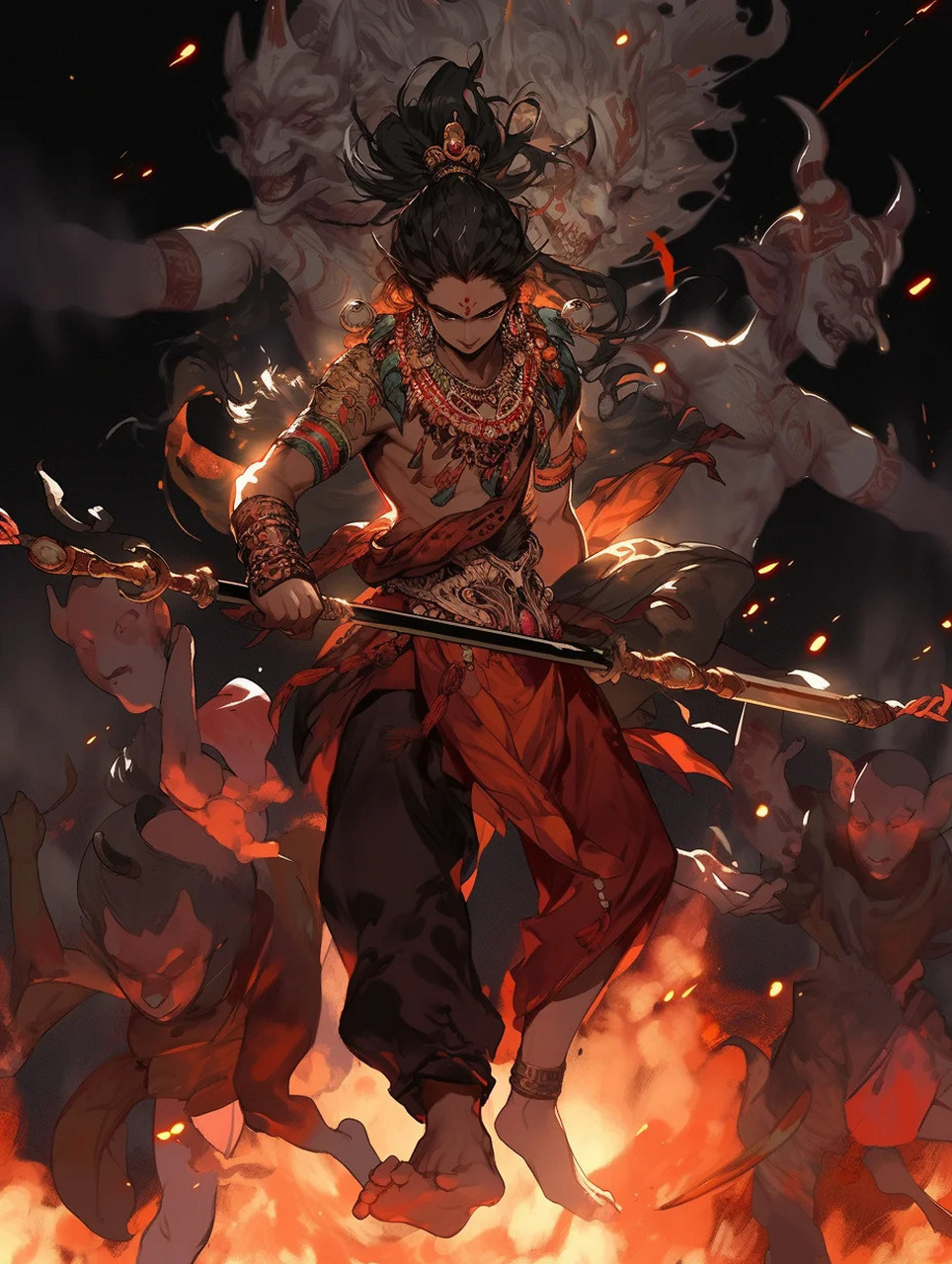 哪吒 以火焰重塑身躯 浴火重生 手拿红缨枪 脚踩风火轮 让火焰焚尽