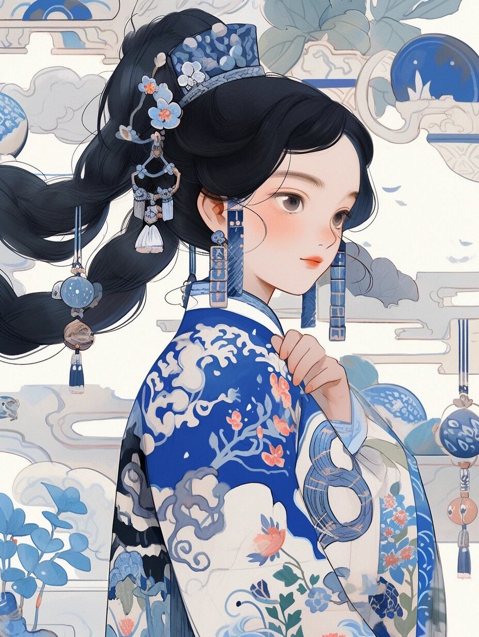 国画人物插画太美啦  青花瓷,国风韵味浓郁.