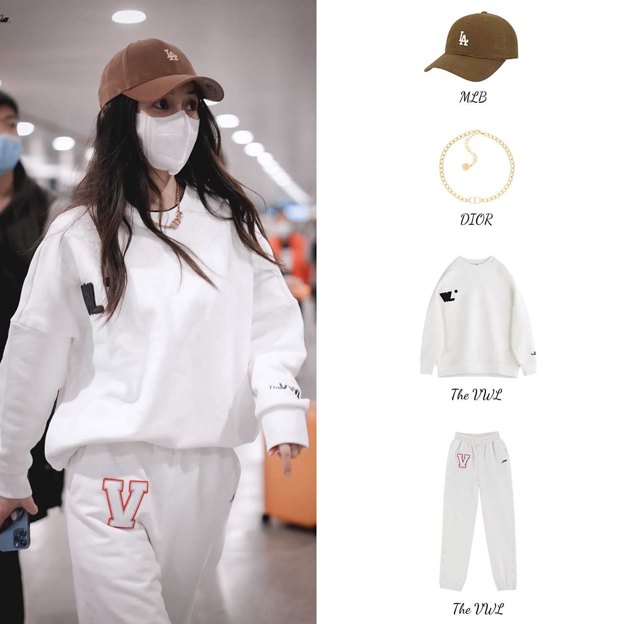 angelababy杨颖最新机场私服造型,白色字母设计的圆领毛衣,搭配白色