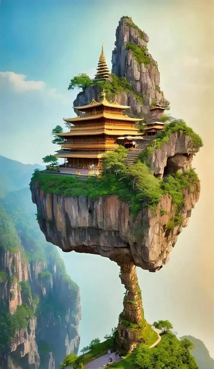 一柱撑起一座山 巧夺天宫醉人间. 立载千年不腐倒 只因山上有寺庙.