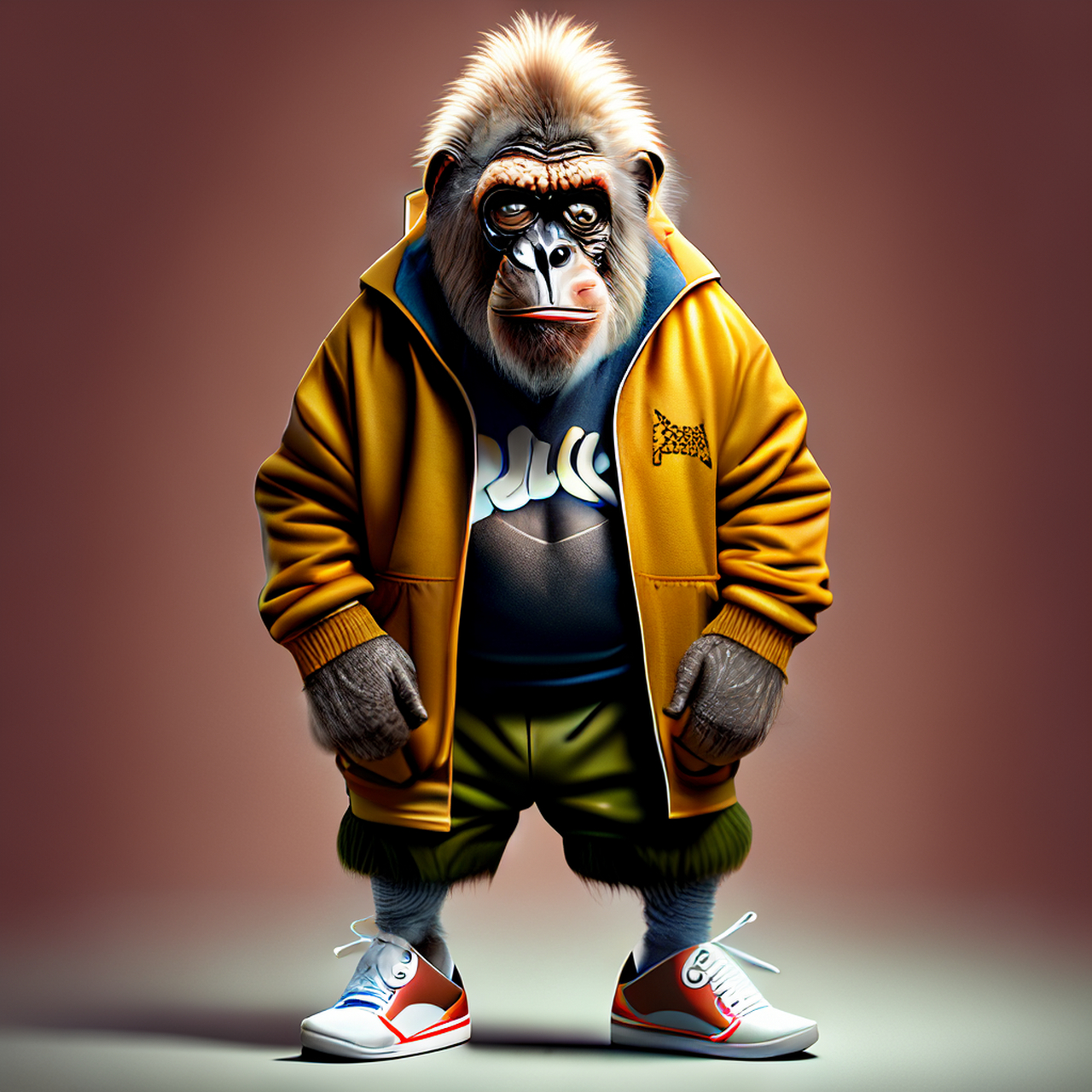 百度ai绘图黑科技#年老的雄性猩猩穿着年代的服装,穿着运动鞋,拟人化 