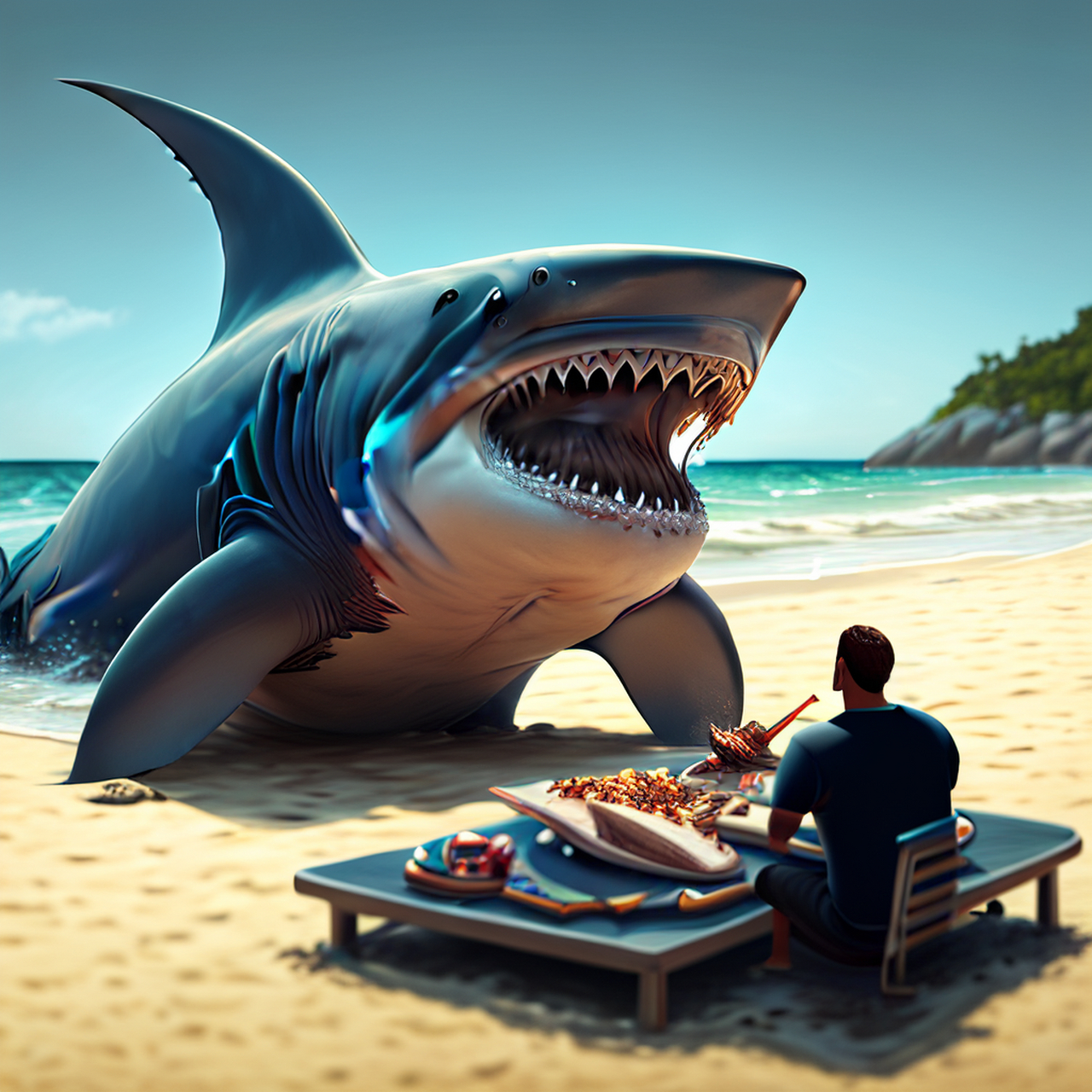 百度ai绘图黑科技#拟人化的鲨鱼在海滩上吃人.