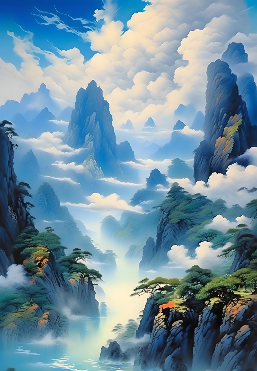 风吹云散露蓝天,山川壮丽展宏图.