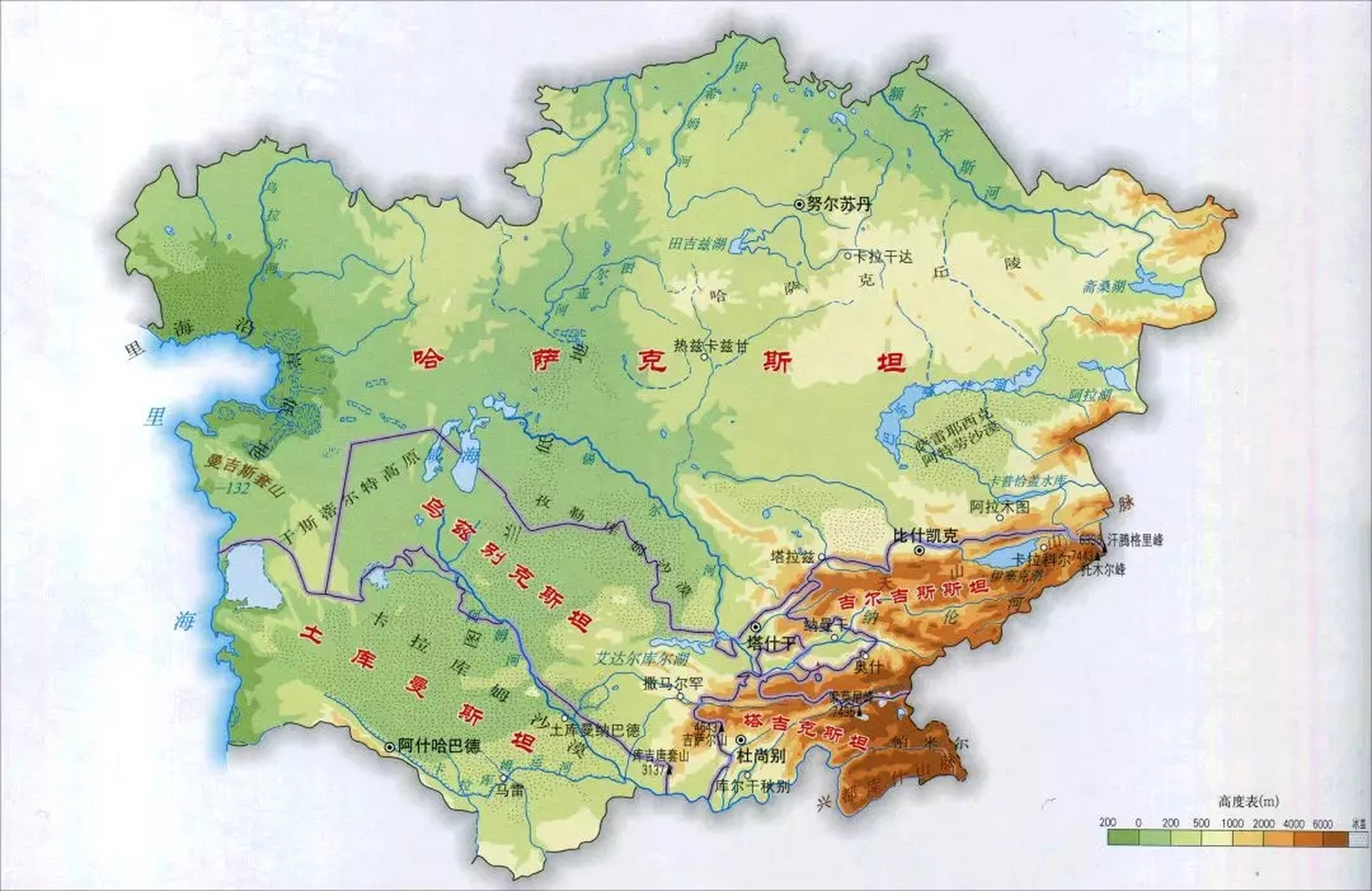 中亚五国地形图