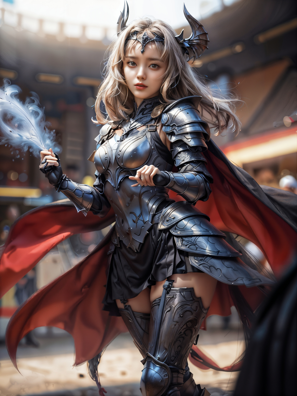 ai美女图片#每日ai美女秀	她身披一副镶嵌着银色护甲的战士盔甲,如