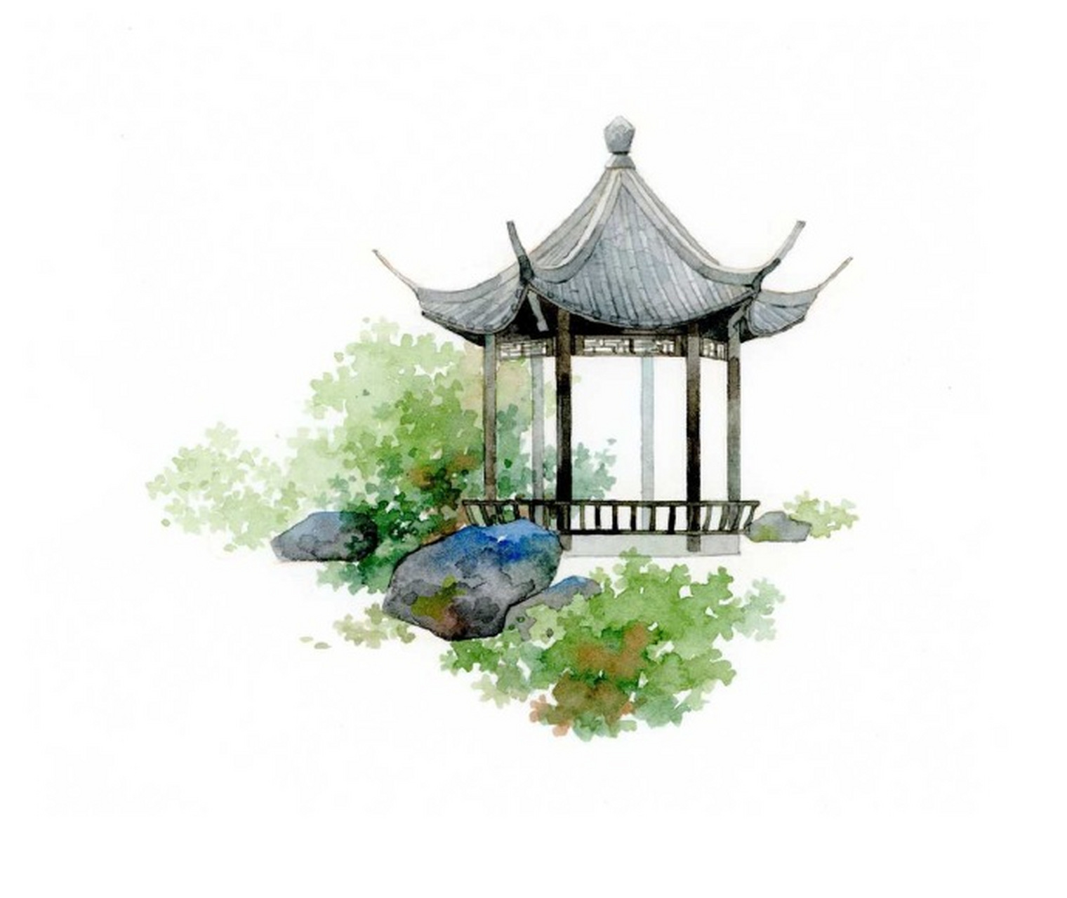 亭台水榭交相印,总是人间好光景. 古风水彩插画,手绘小景系列.