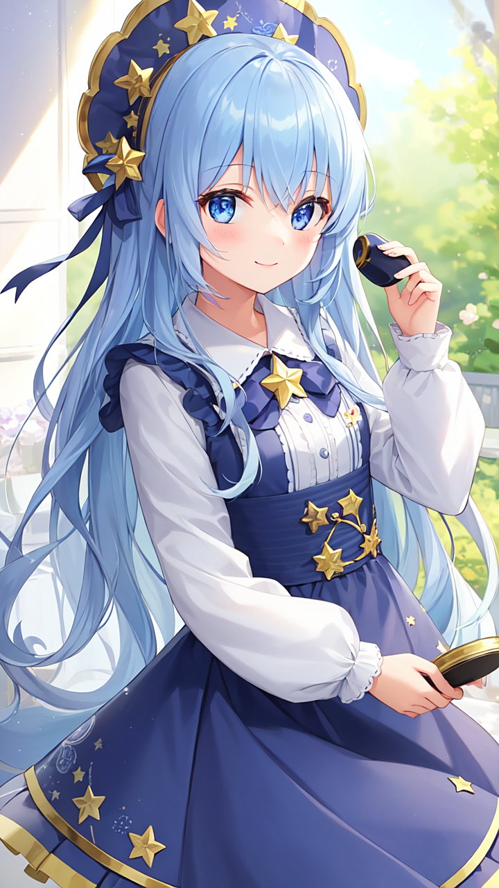 ai绘画:今日关键词分享 拿着蓝色星空花纹的圆形的化妆盒的长发少女