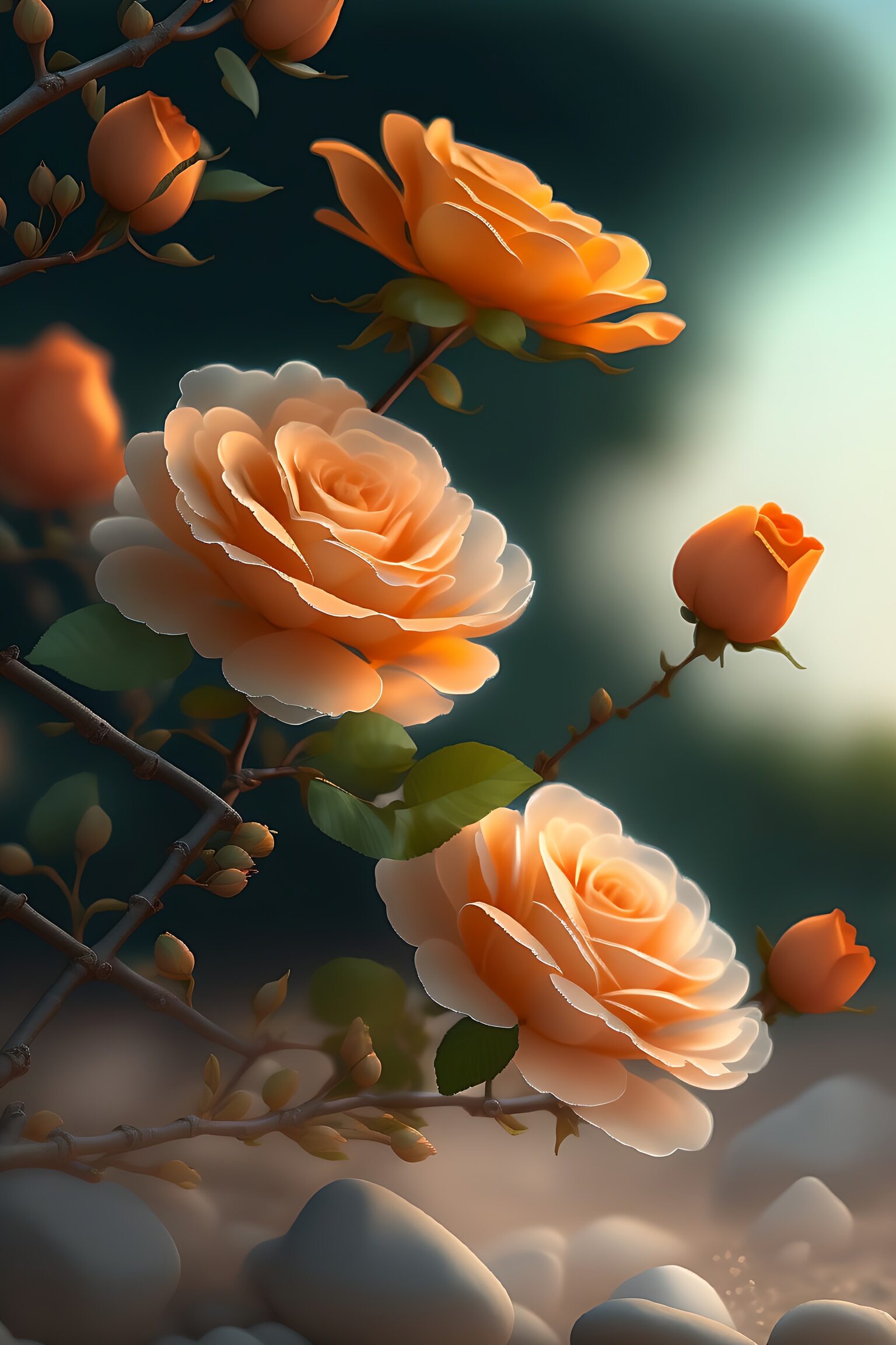 一枝高高的盛开的橙色玫瑰花, 花枝上还有为盛开的花骨朵, 嫩绿色的
