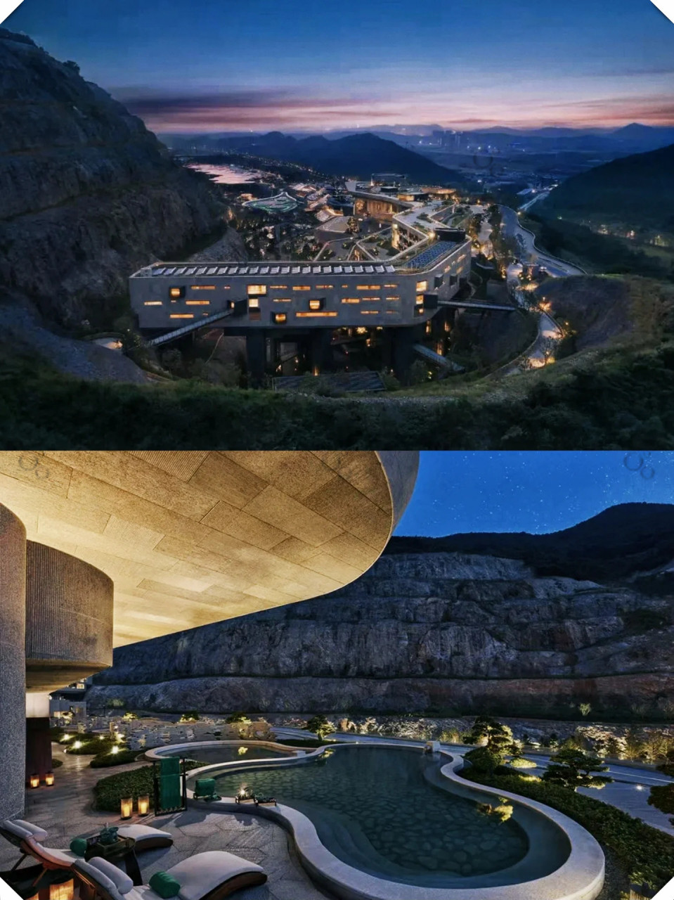 酒店坐落于汤山废弃矿谷,建筑依岩壁而立,矿谷的壮观景致令人赞叹.