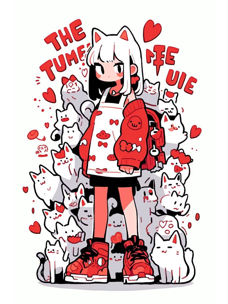 midjourney可爱涂鸦 猫系女孩国庆节穿搭  核心关键词:red and white