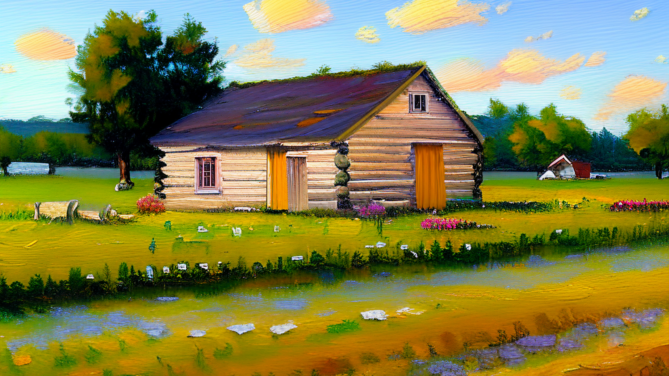 百度文心一格:仿印象派画  田园农家小屋