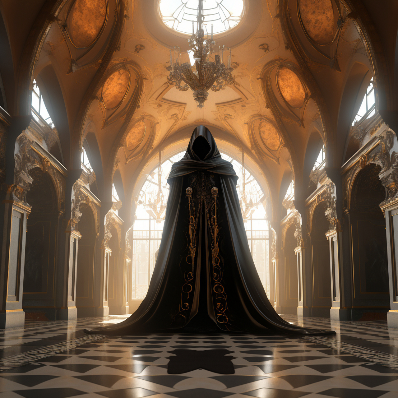 暗黑风绘画,黑衣大祭司!孤独的走在华丽的宫殿!#ai绘画