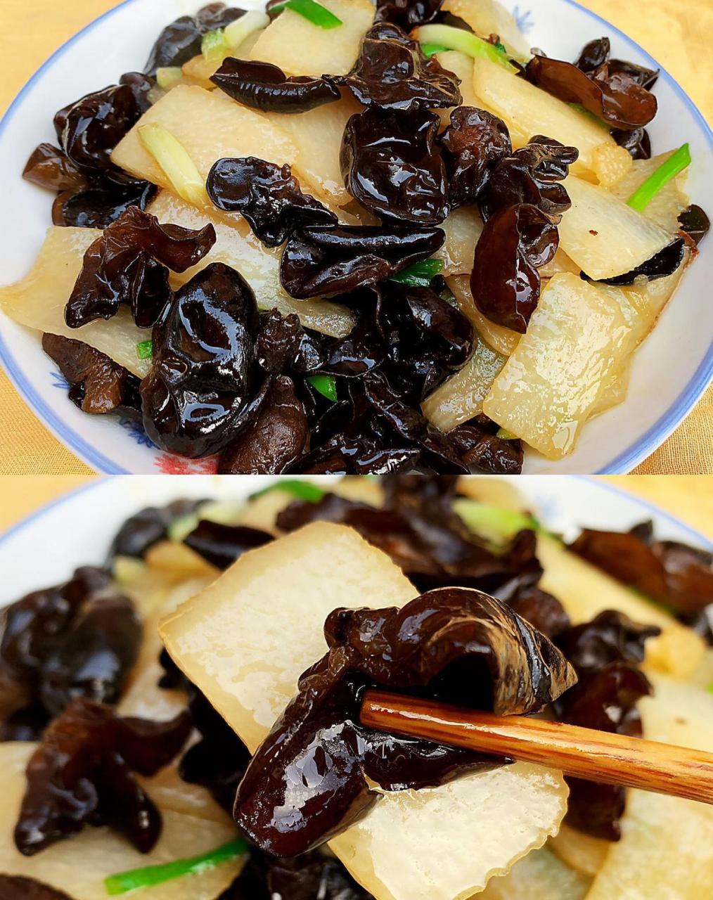 1.准备山药切片,木耳提前泡发 2.