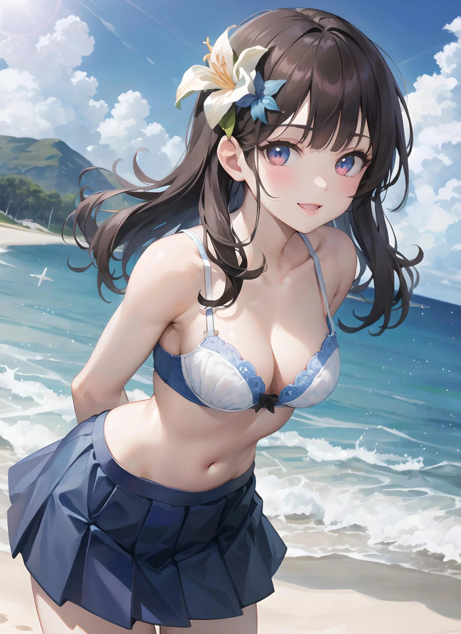 二次元壁纸:夏日少女的清凉海滩 清晨的二次元海滩,金色的阳光洒满