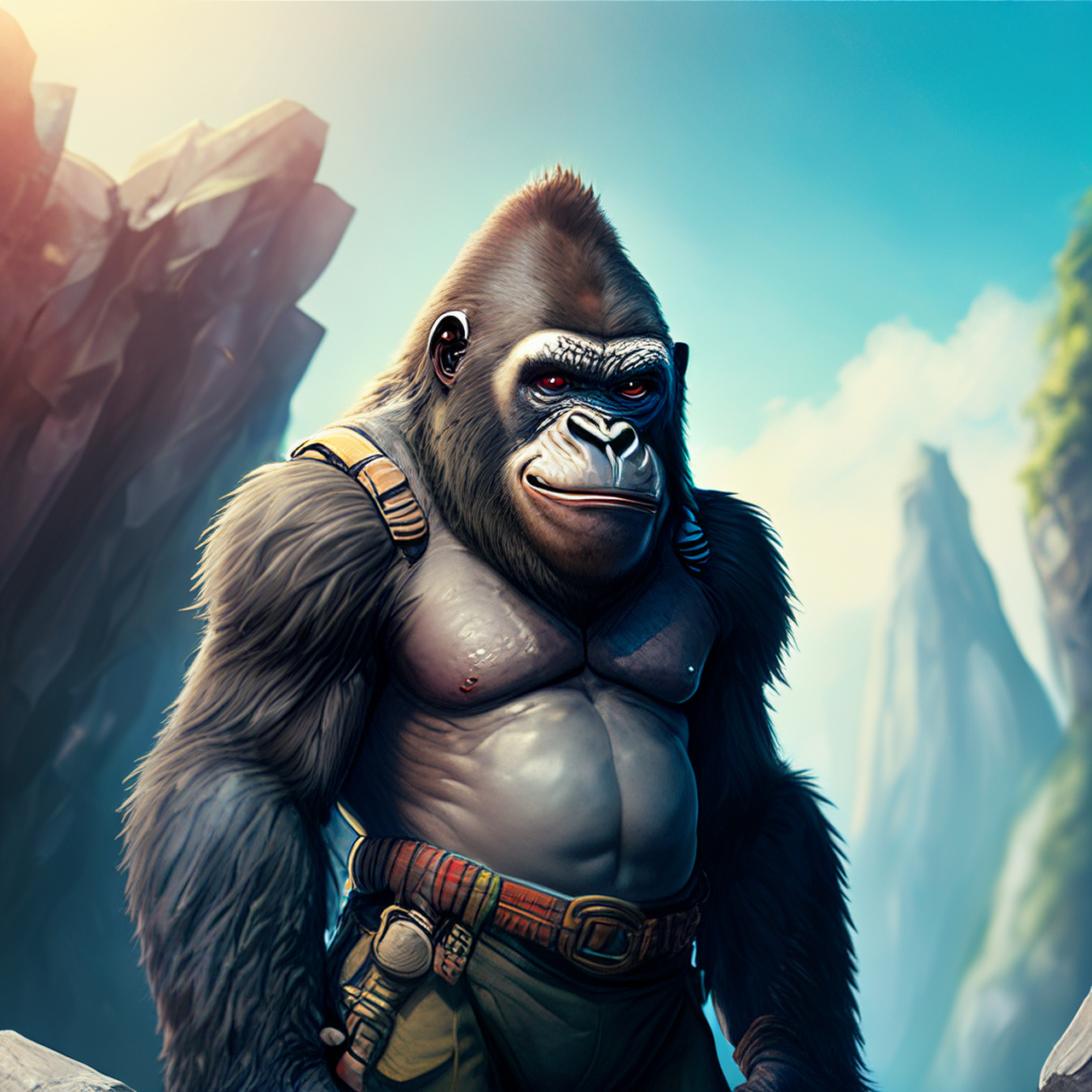 百度ai绘图黑科技#快乐和可爱的大猩猩金刚冒险家微笑,幻想悬崖岩石