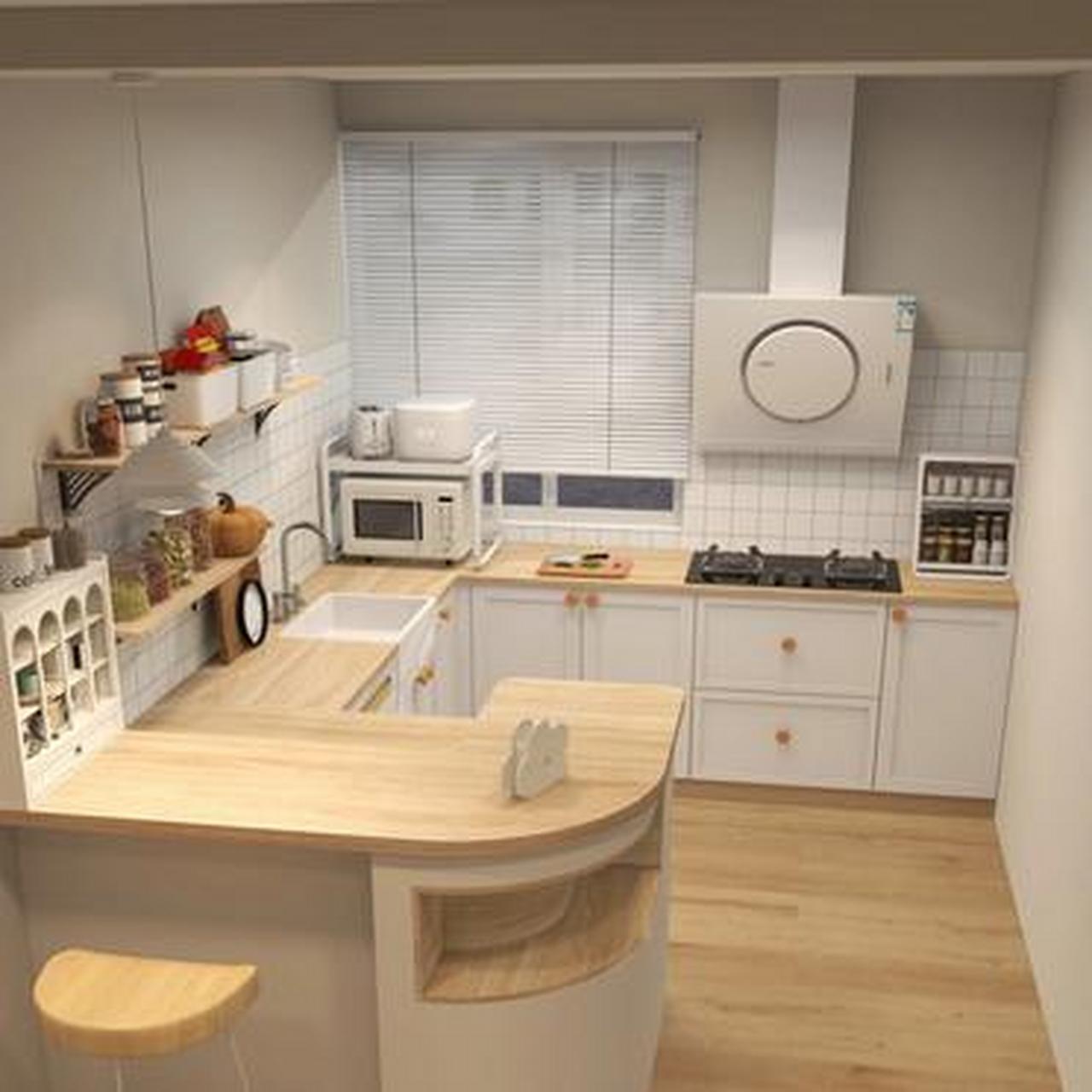 原木风奶油系开放式厨房?弧形吧台好好看 ?