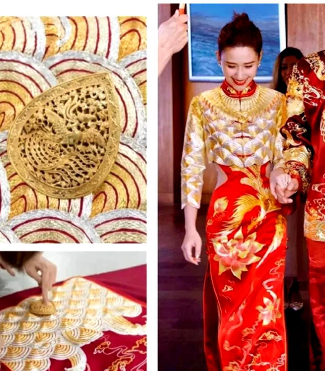 何超莲的中式喜服是由设计师品牌nora reve特别定制的,名为【凤羽莲步