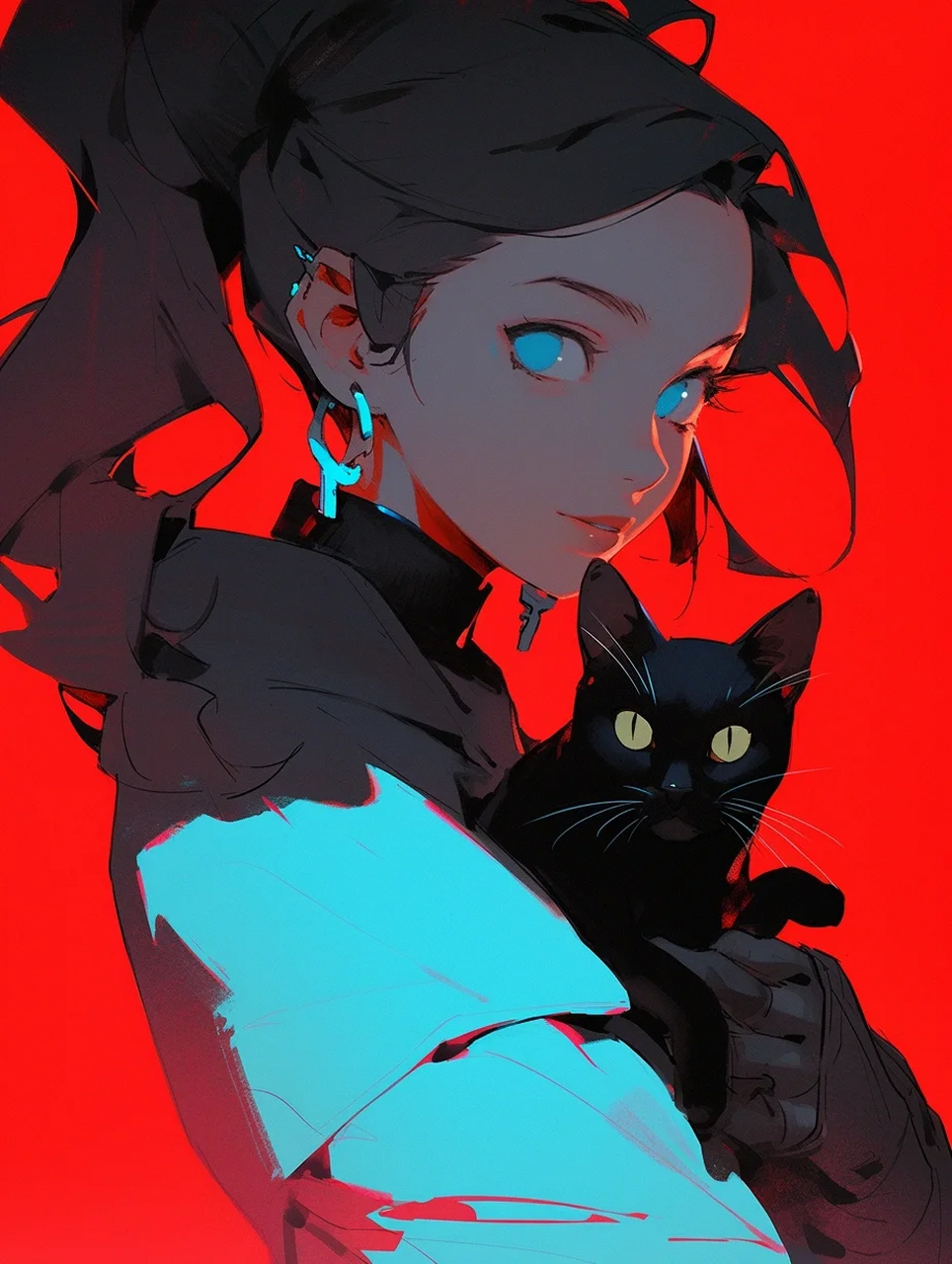 潮酷女孩和貓 cool girl and a black cat, anime cartoon style