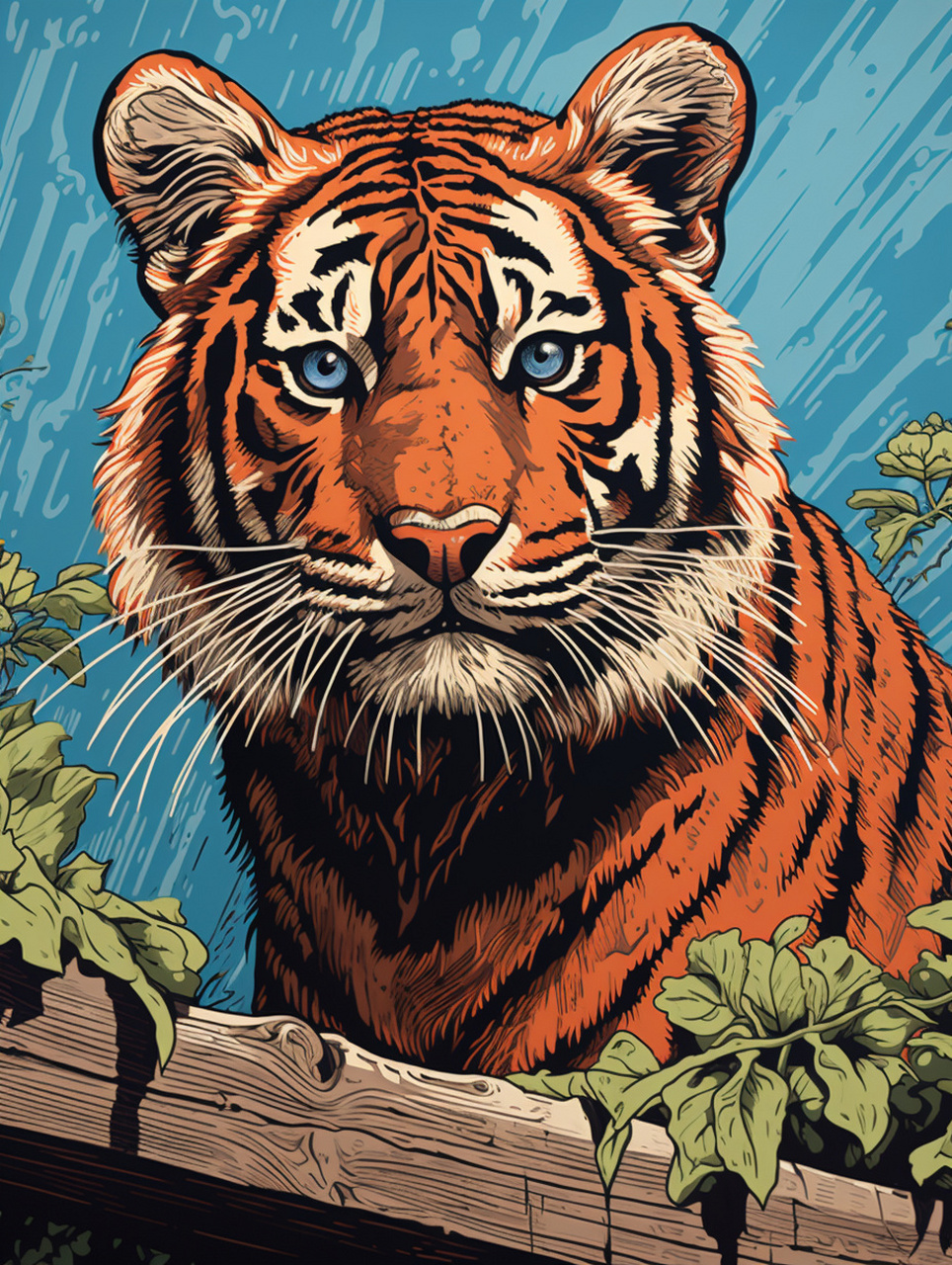 关键词 lino cut of a tiger, reddish - brown hair, black