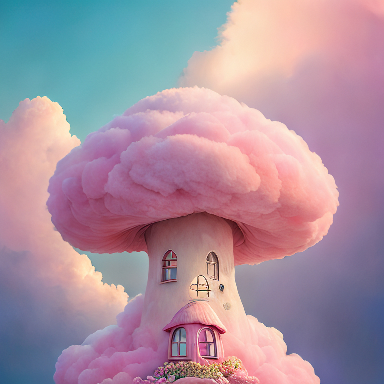 #百度ai绘图黑科技#ai画的如何?云上的粉色粉彩蘑菇屋,棉花糖云,魔法
