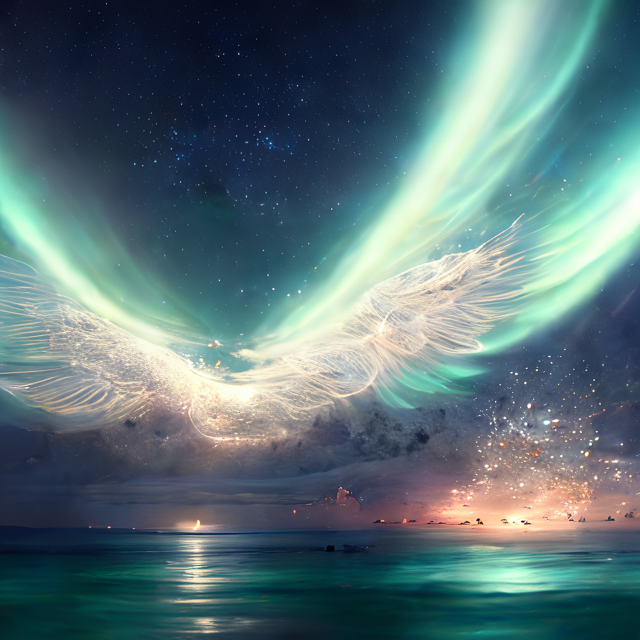 百度ai绘图黑科技#晚上,马尔代夫的星星闪烁,极光,天使的翅膀,光环