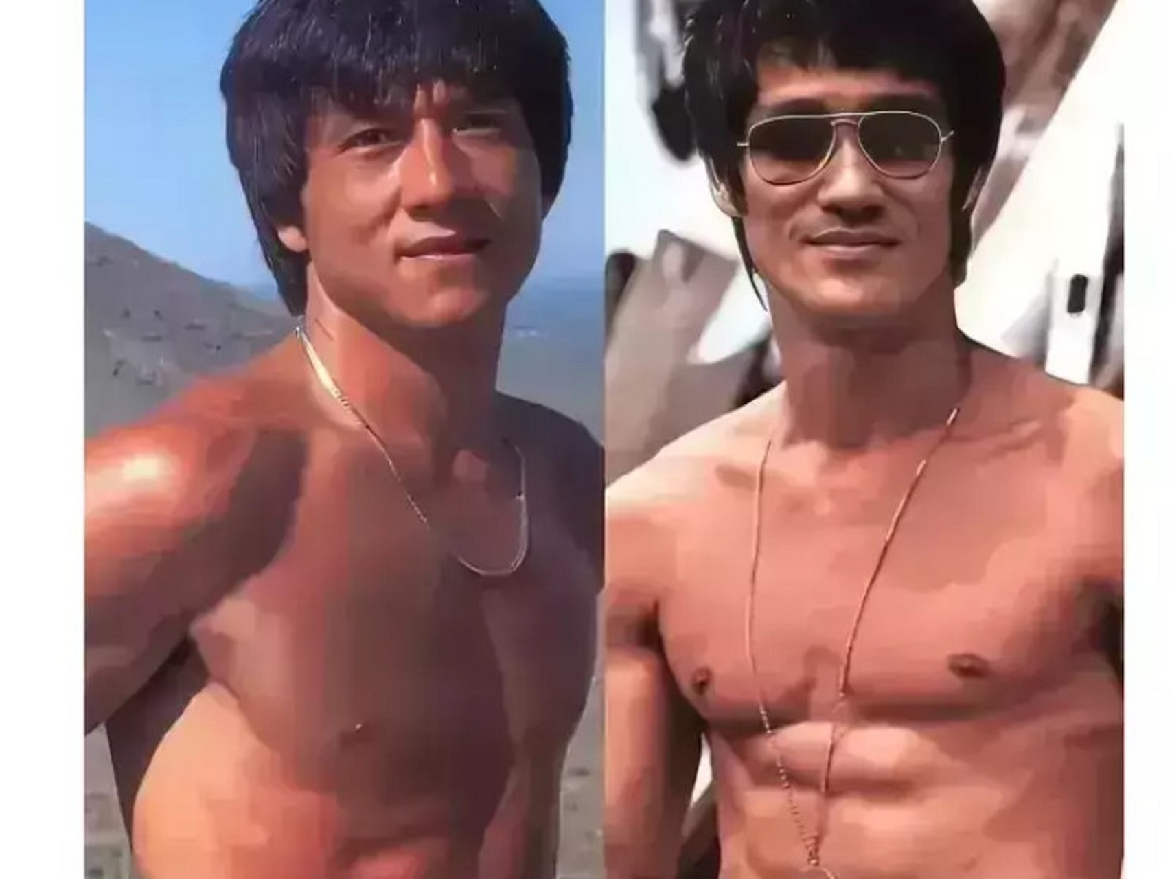 这张照片展示了年轻时的李小龙和成龙的身体条件对比.