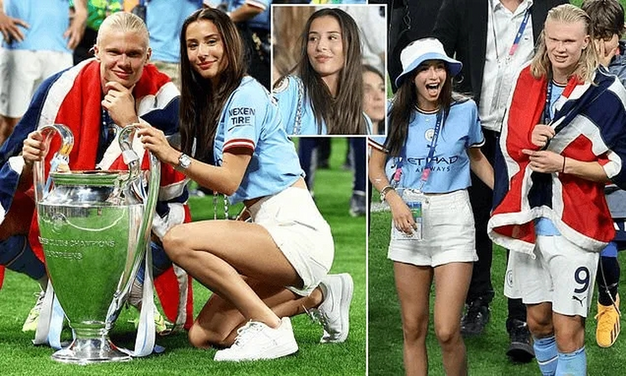 欧冠赛后,哈兰德披挪威国旗与女友一同庆祝!