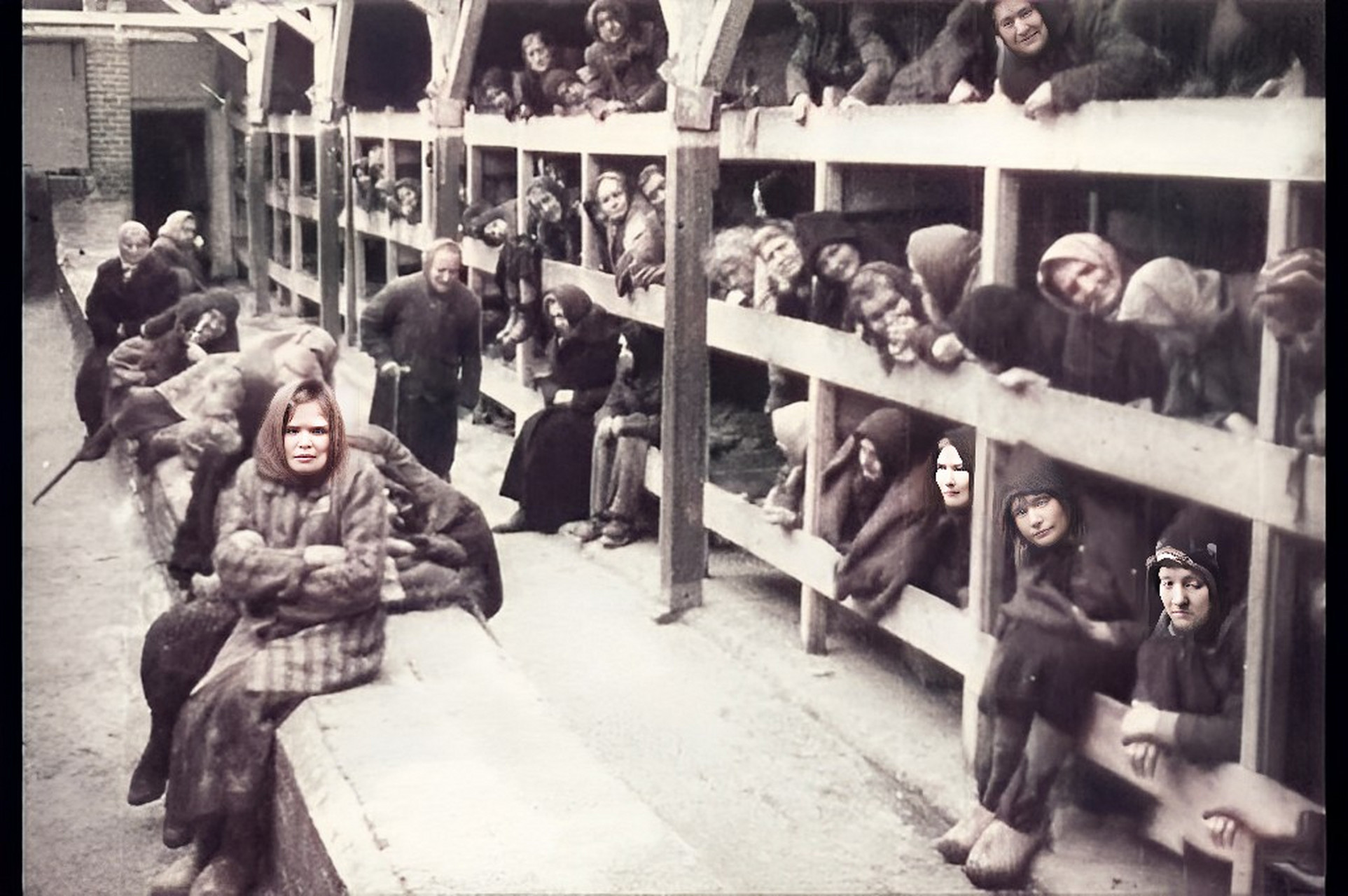 这些照片是女子在纳粹集中营的照片.他们被迫像老鼠一样挤在一起.