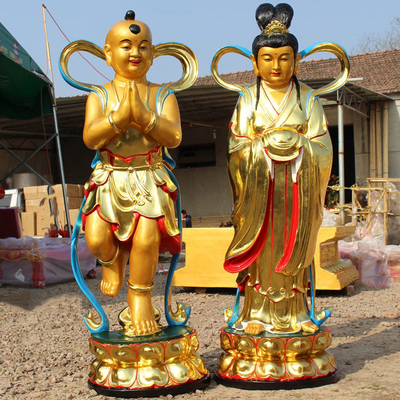 1.3米铸铜童男童女佛像 贴金铜金童玉女寺庙雕塑 纯铜金童玉女彩绘工