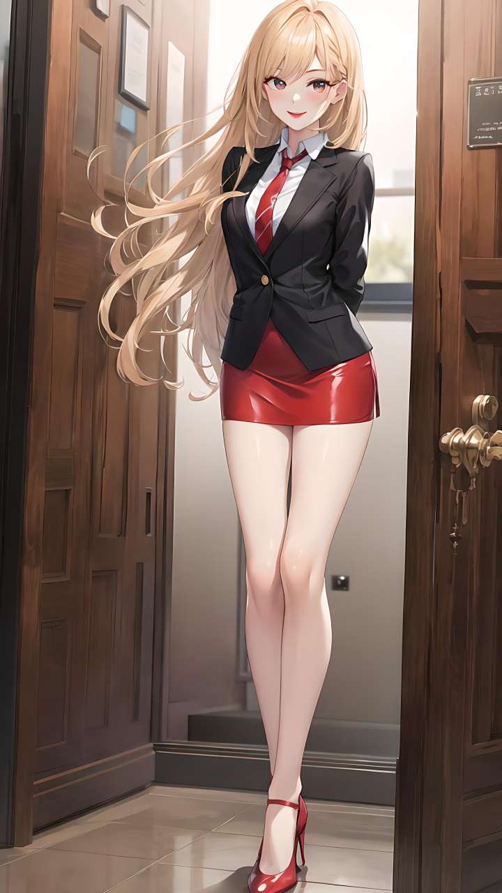 制服控动漫壁纸---二次元长腿金发小姐姐   她修长笔直的大长腿在红色