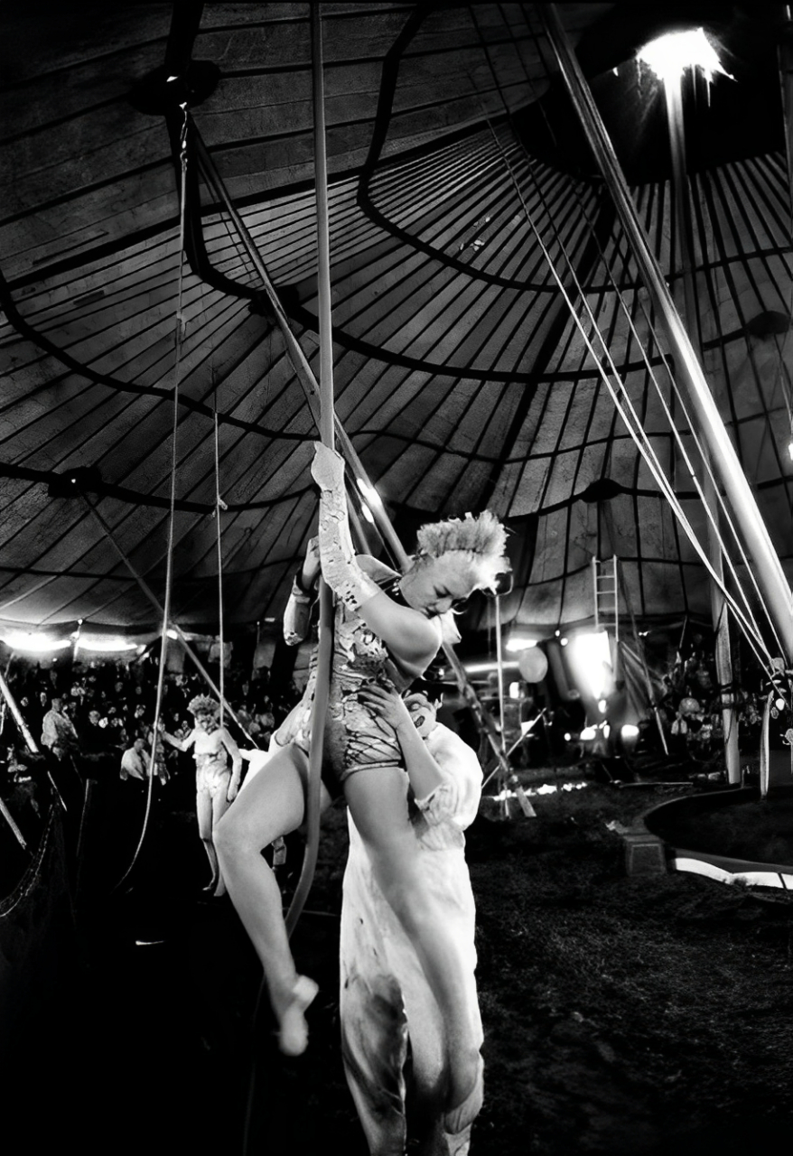 20世纪50年代,一位美国马戏团女演员坐在草地上,正在给她的伤口涂药膏