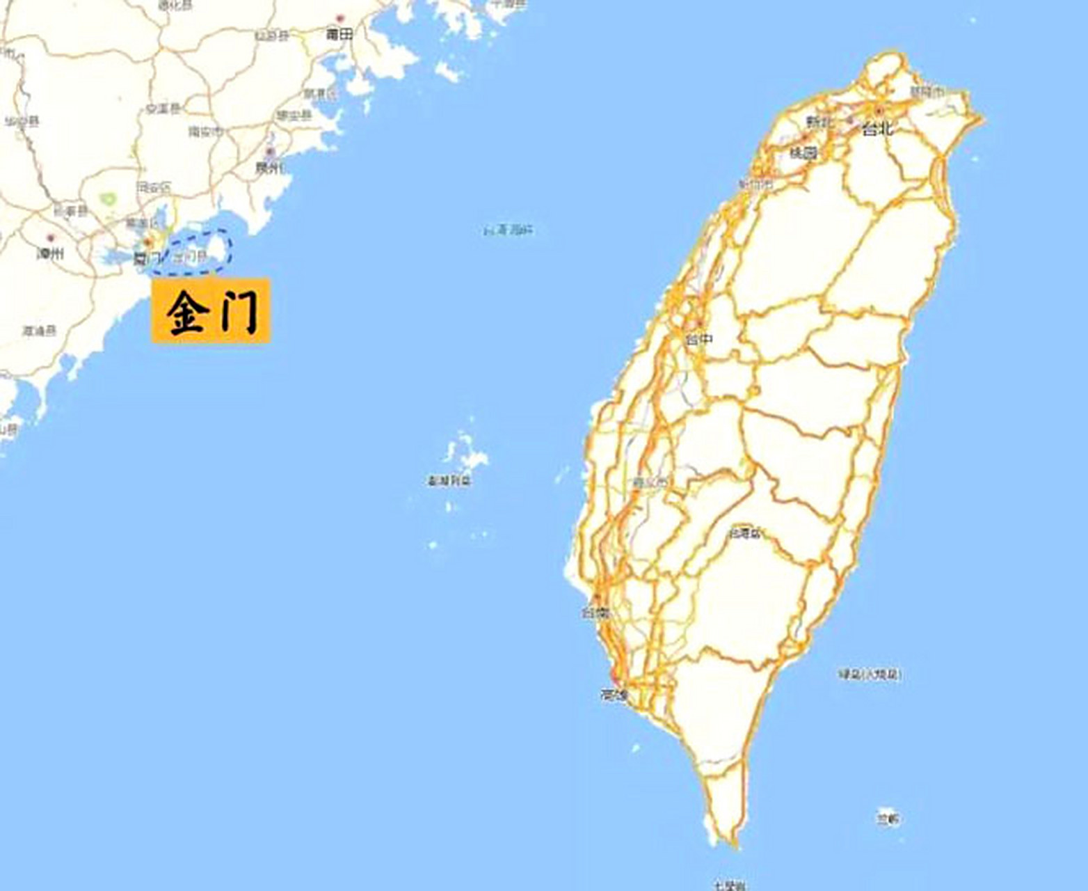 我们先来看一下这张图,金门岛距离中国大陆只有两公里,而距离台湾岛却