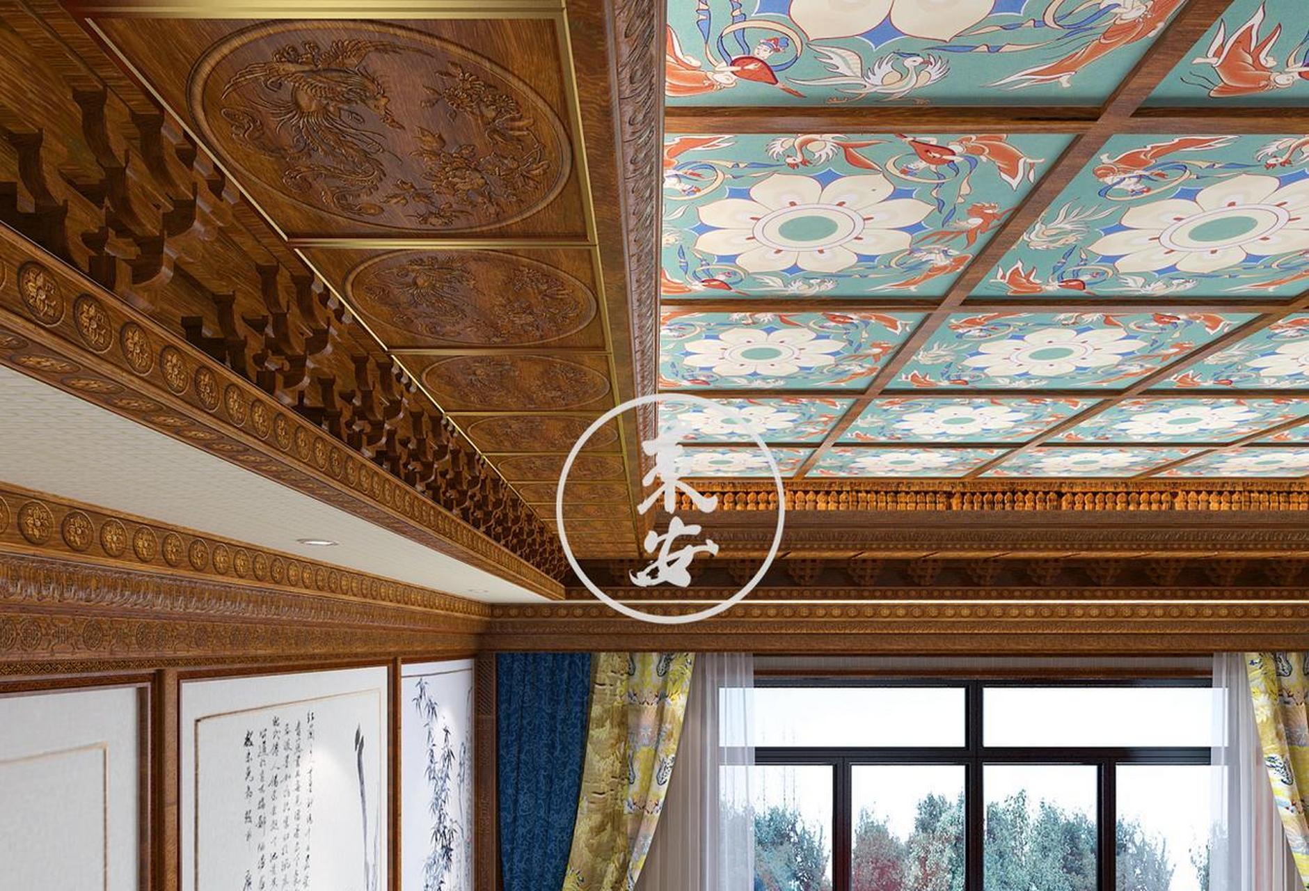 斗拱|藻井 融合了斗拱元素和藻井元素的天花板,乍看之下,或浓墨重彩