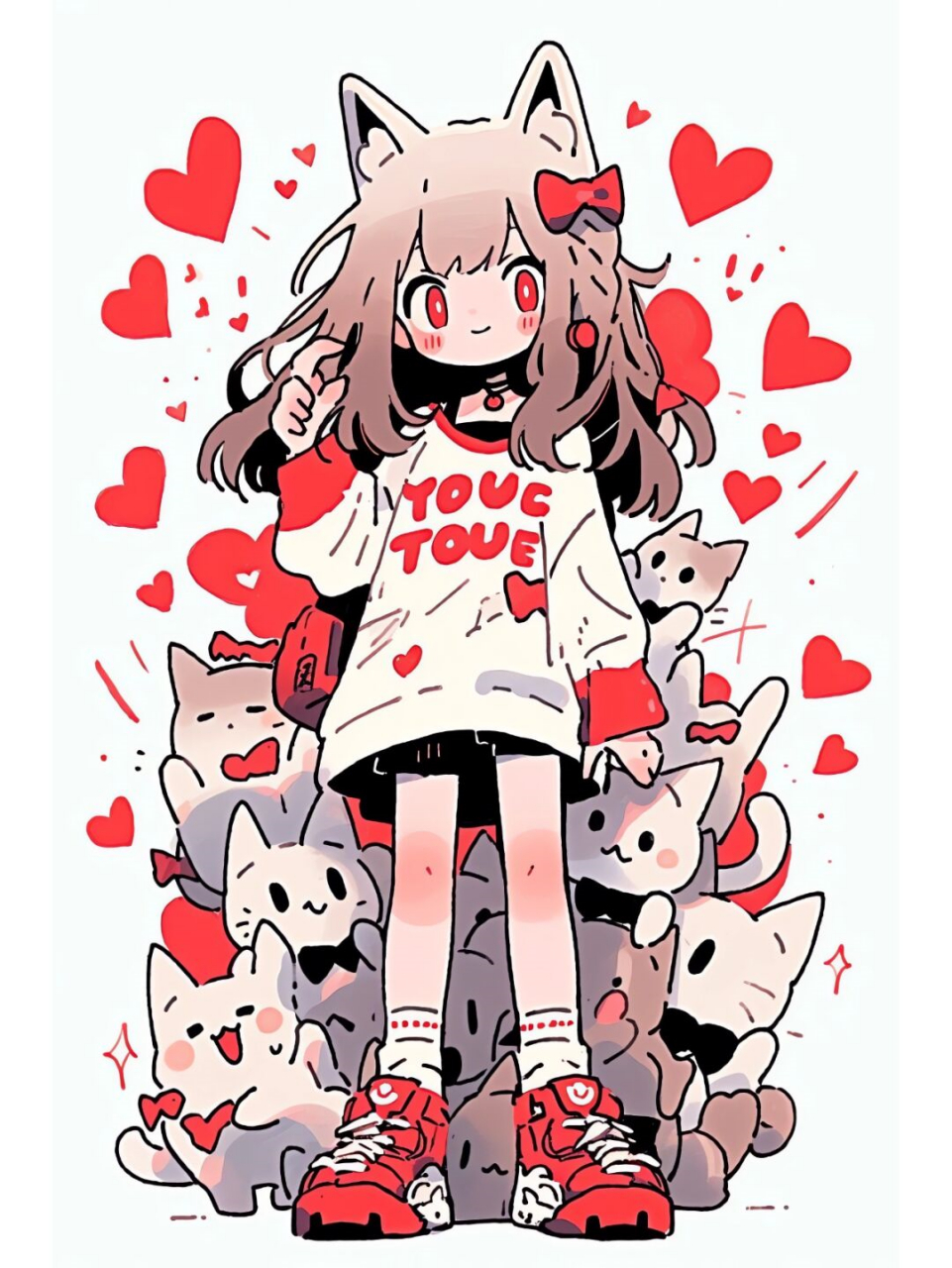 midjourney可爱涂鸦 猫系女孩国庆节穿搭  核心关键词:red and white
