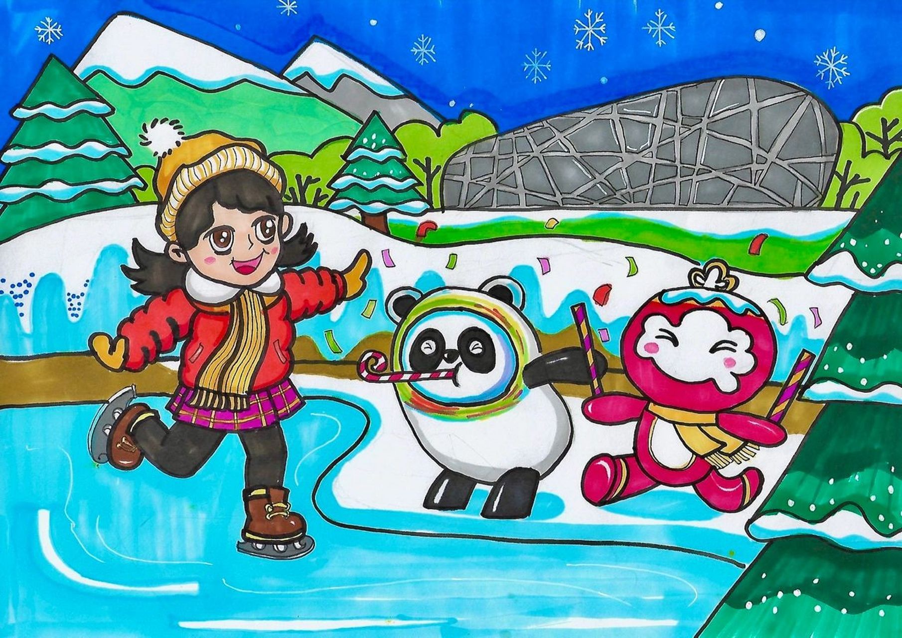 冬奥会主题绘画展示来了 喜庆奥运年,祝福送五环;蓝环为你圈住快乐