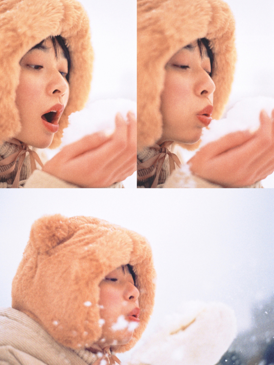 捧一堆雪放手上,然后吹一下 在台子上挖一个空,头放上去 抹点雪花在