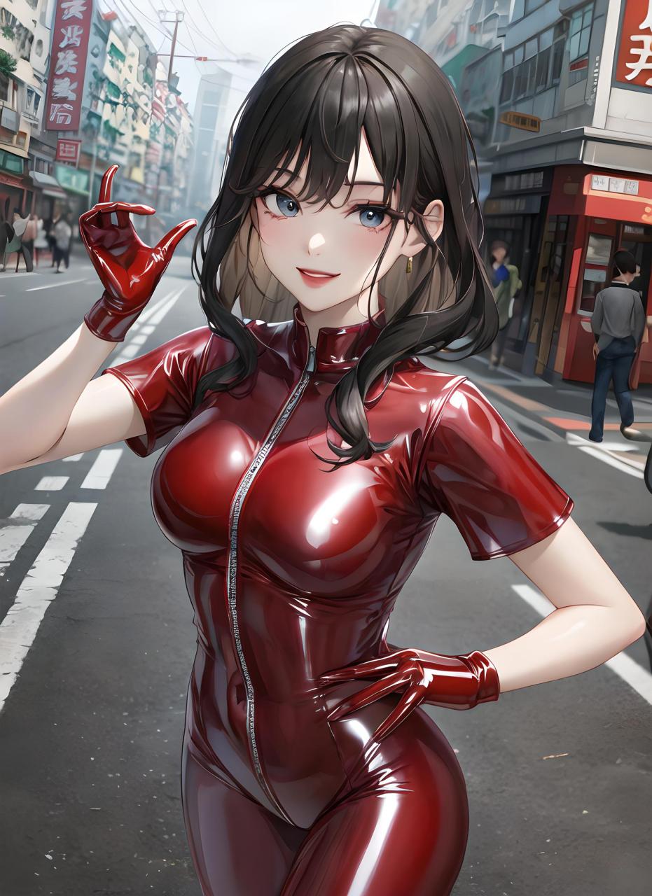 二次元胶衣御姐(12):释放性感魅力 这是一位身着红色紧身胶衣的二次元