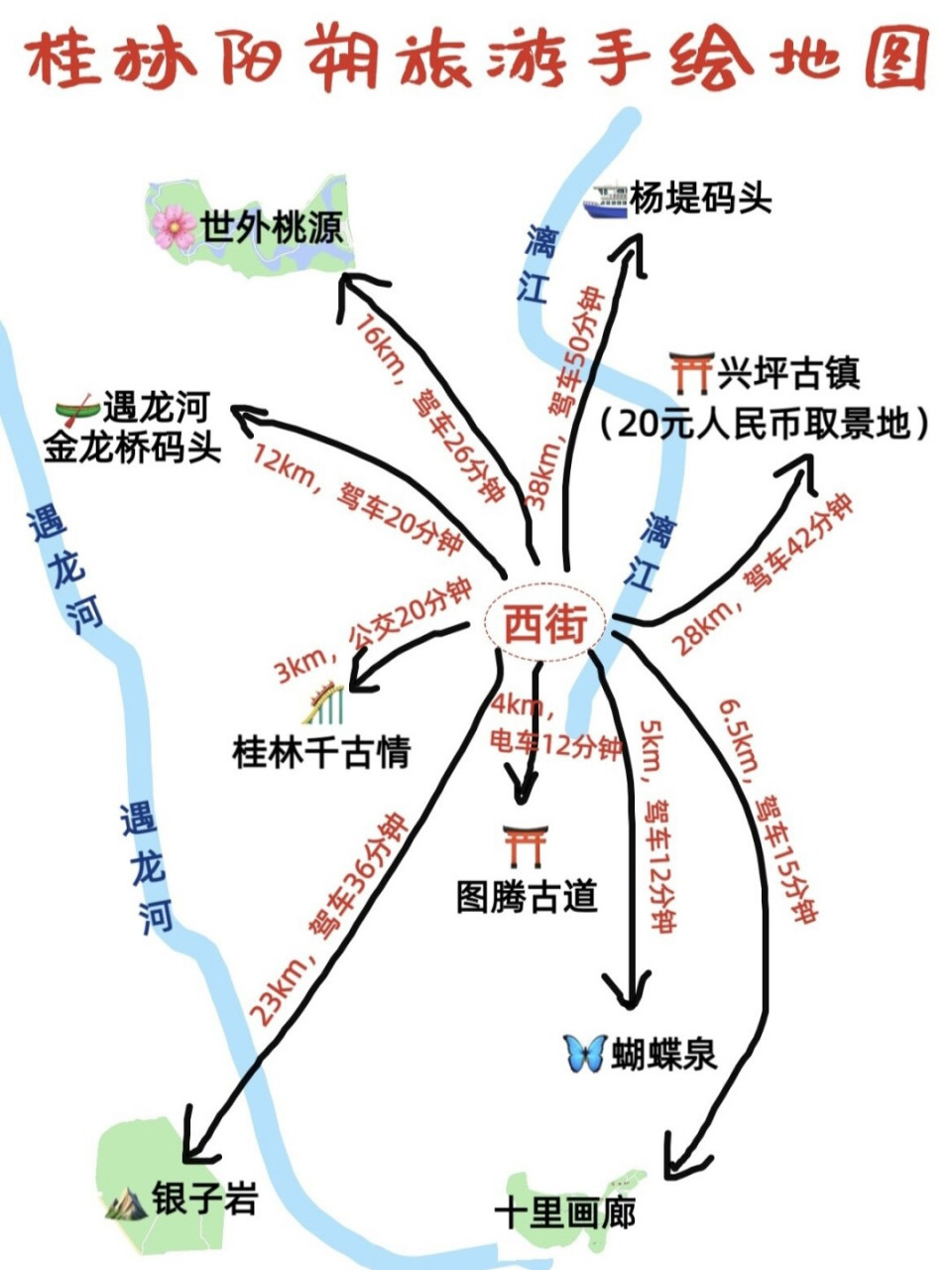 p1:桂林阳朔热门景点地图分布(以西街为中心 p2:桂林市区各大景点