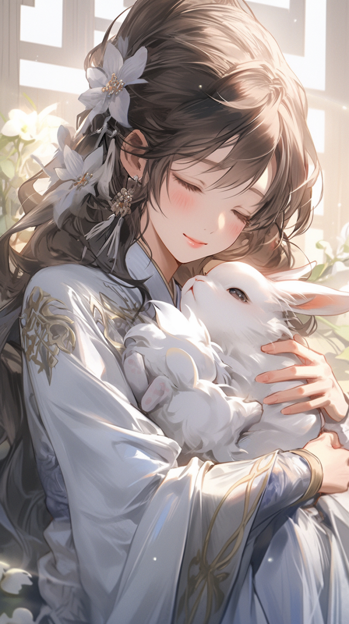 古风# #汉服# #古风小姐姐# #手机壁纸# #古风美女# 抱兔娇姬如画景