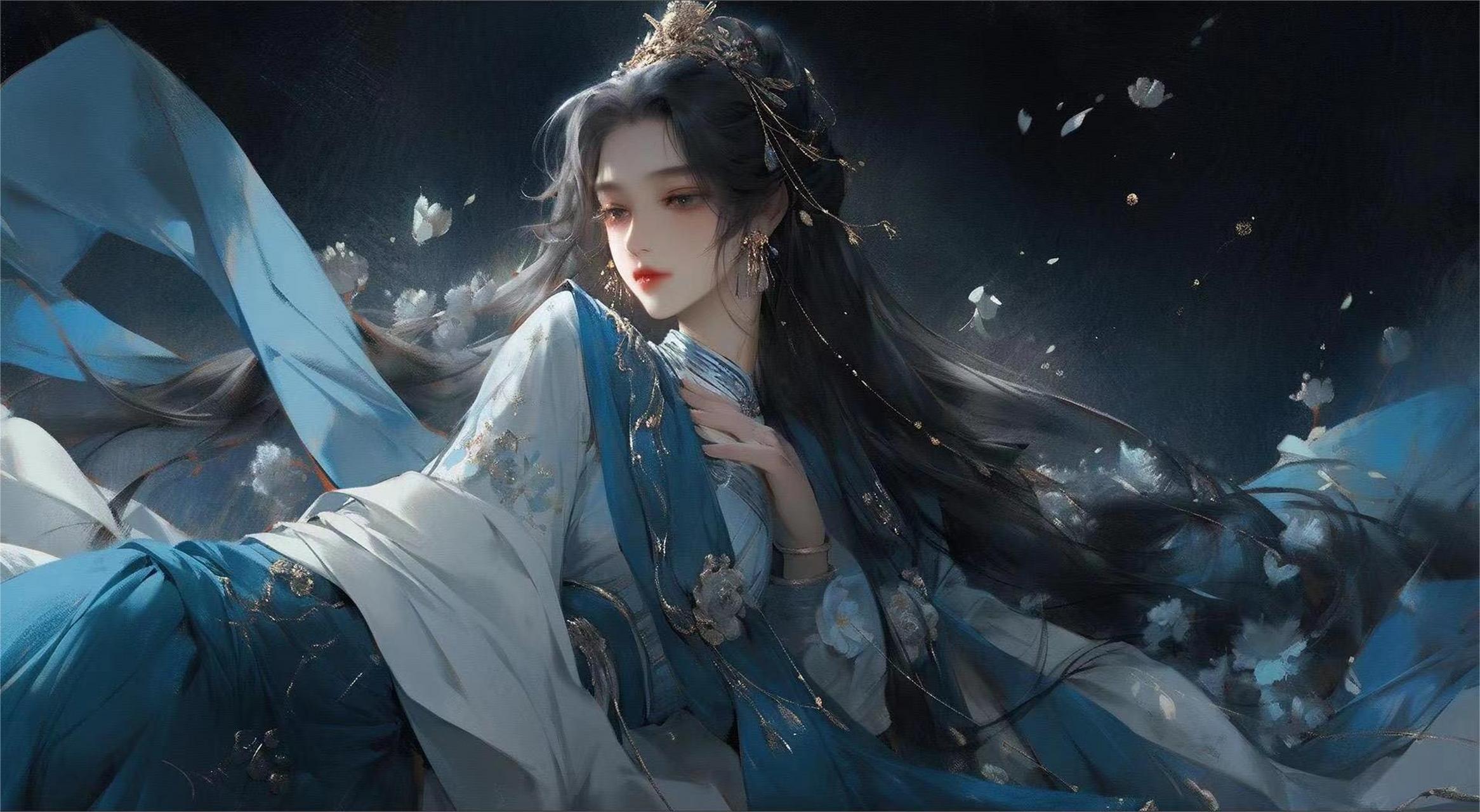 蓝色系横版古风插画:水袖舞姬唱今生,有幸流年曾相识.