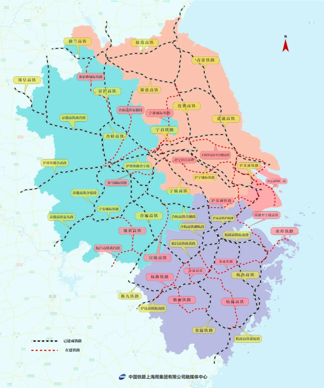 江苏,浙江,安徽铁路交通线分布图 围绕合肥,南京,杭州,徐州为节点的