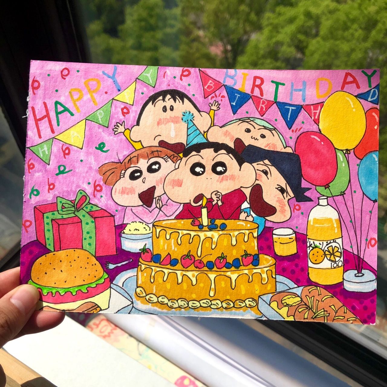 手绘蜡笔小新庆生图|附线稿	"蜡笔小新生日快乐969798 做一个